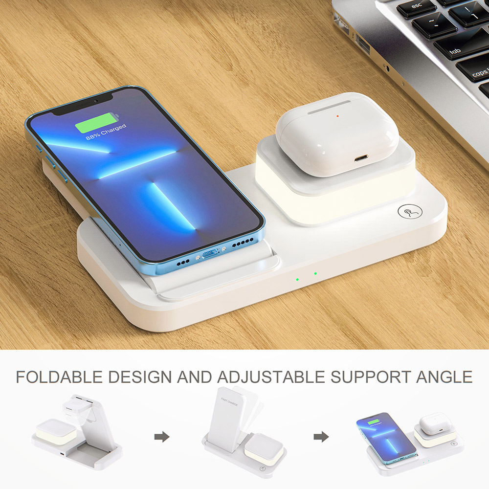 C500 Foldable 3-in1 Wireless Charger with 3-Level Adjustable Night Light, 9V 2A USB QC3.0 Charging for Apple - White