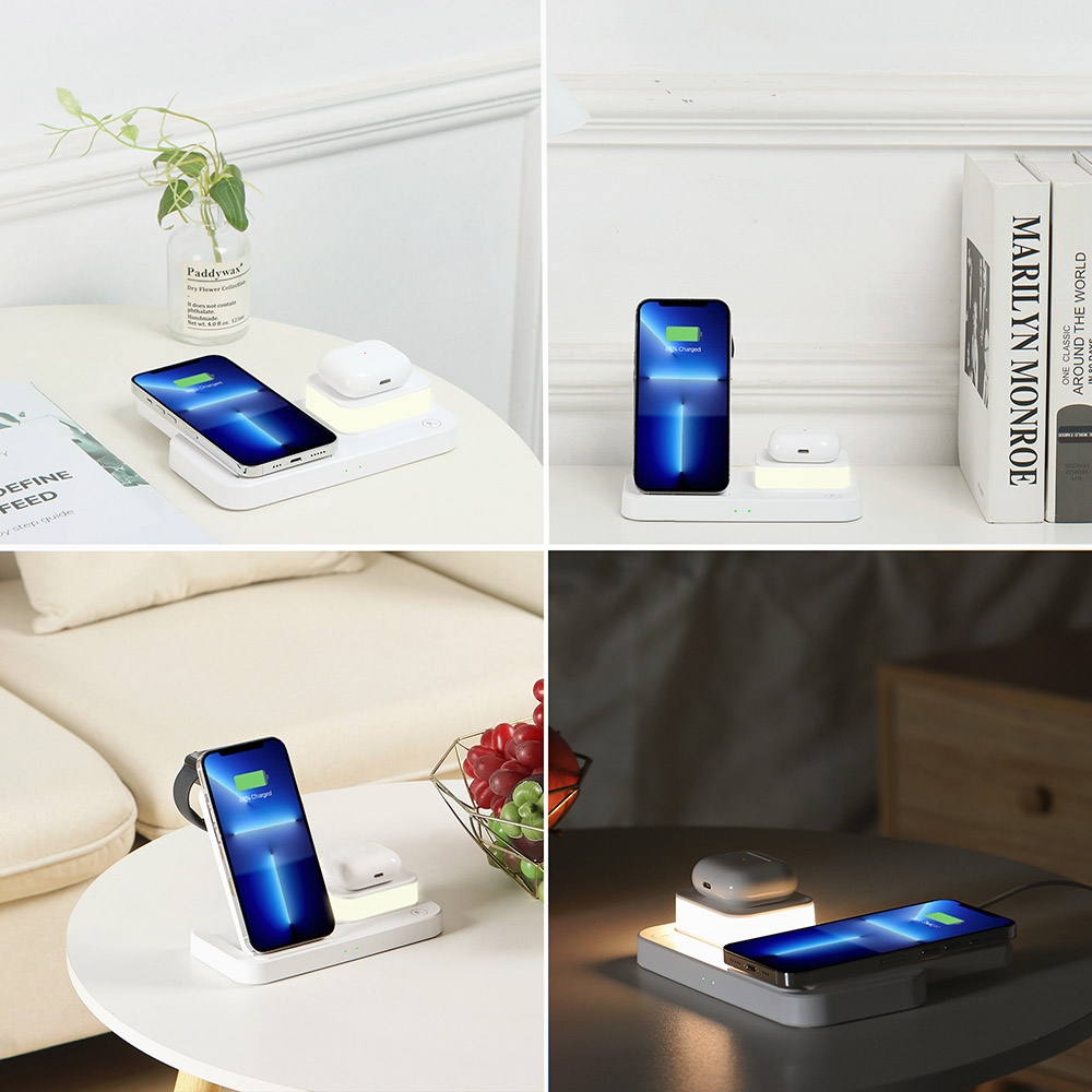 C500 Foldable 3-in1 Wireless Charger with 3-Level Adjustable Night Light, 9V 2A USB QC3.0 Charging for Apple - White
