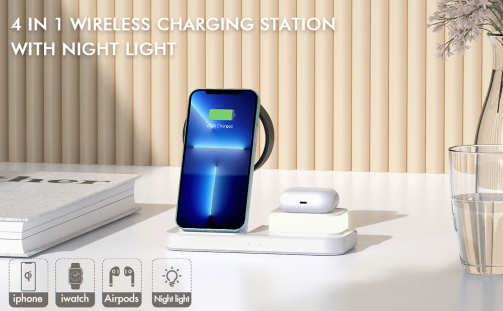 C500 Foldable 3-in1 Wireless Charger with 3-Level Adjustable Night Light, 9V 2A USB QC3.0 Charging for Apple - White