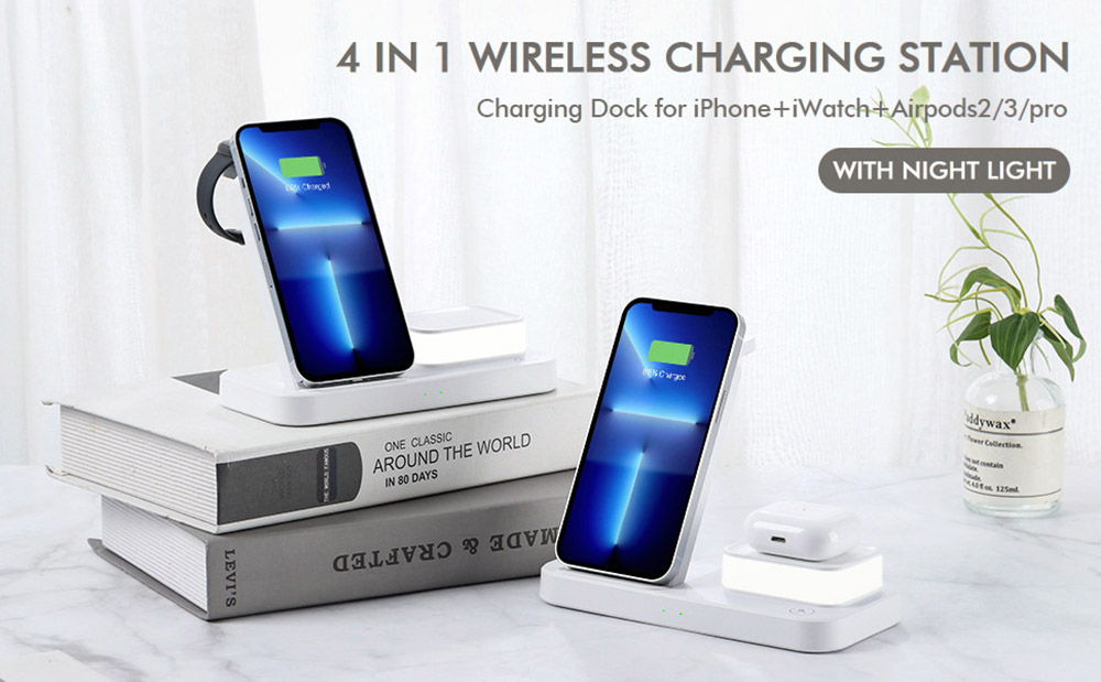 C500 Foldable 3-in1 Wireless Charger with 3-Level Adjustable Night Light, 9V 2A USB QC3.0 Charging for Apple - White