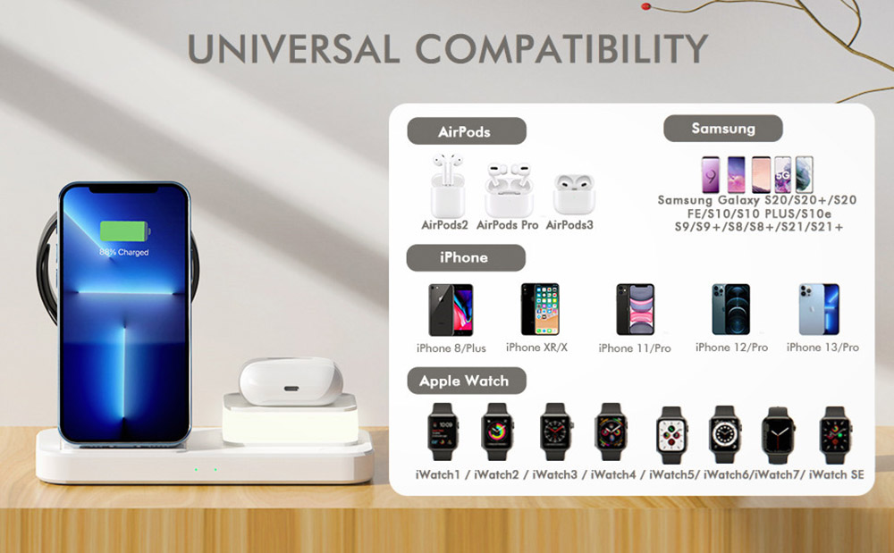 C500 Foldable 3-in1 Wireless Charger with 3-Level Adjustable Night Light, 9V 2A USB QC3.0 Charging for Apple - White