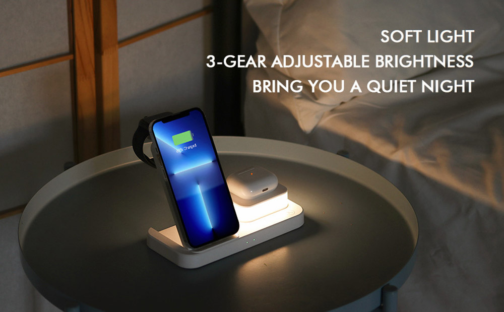 C500 Foldable 3-in1 Wireless Charger with 3-Level Adjustable Night Light, 9V 2A USB QC3.0 Charging for Apple - White