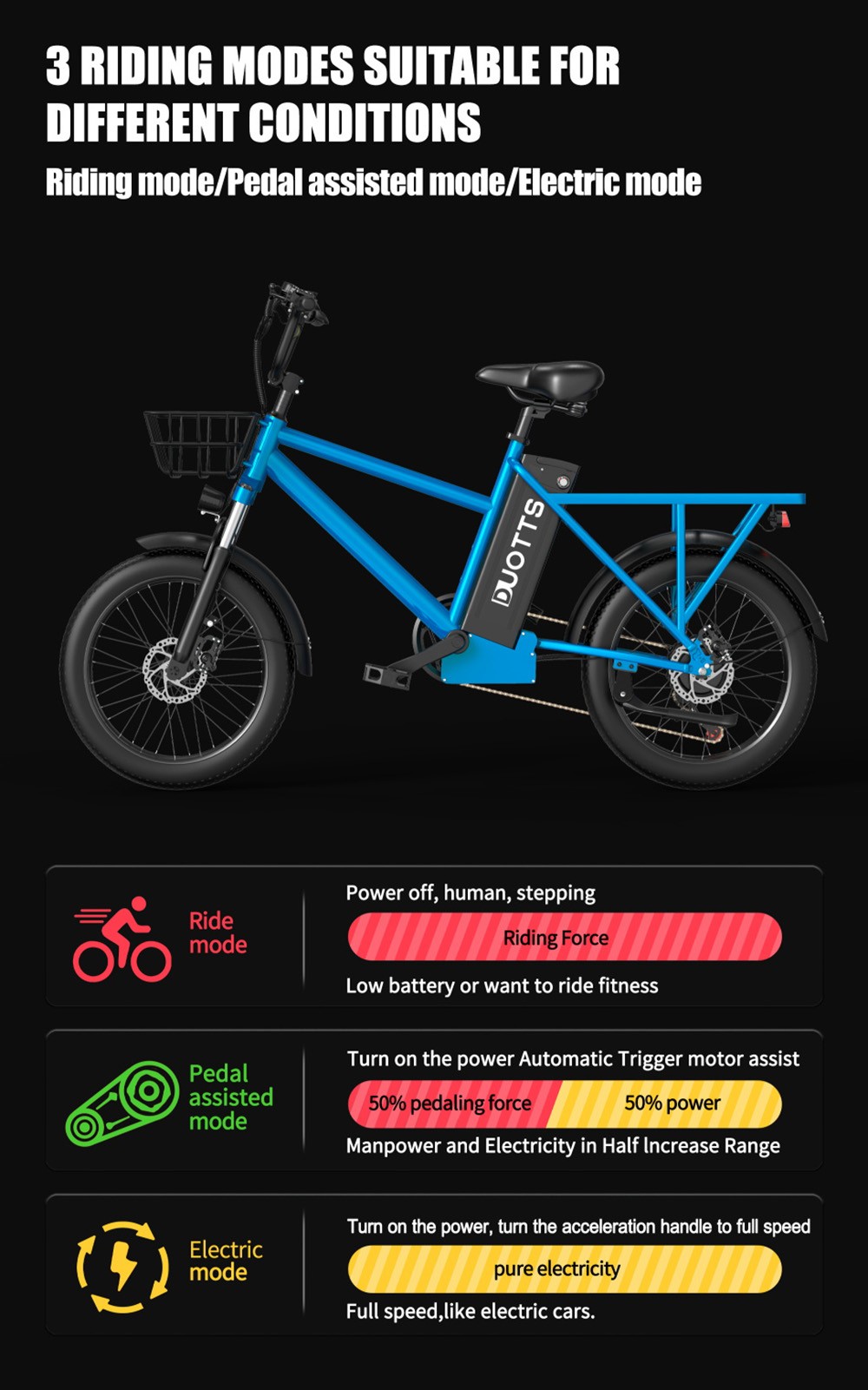 DUOTTS C20 Electric Bike Cargo Bike 48V 15Ah Removable Battery 500W Motor 45km/h Max Speed - Blue