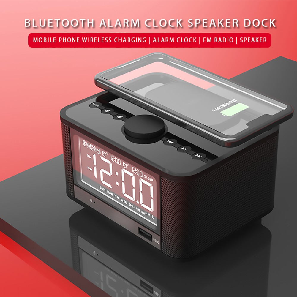 GREEN TIME M7-QI Bluetooth Alarm Clock Speaker, Mobile Phone Wireless Charging, U Disk TF Card Play, FM Radio - White