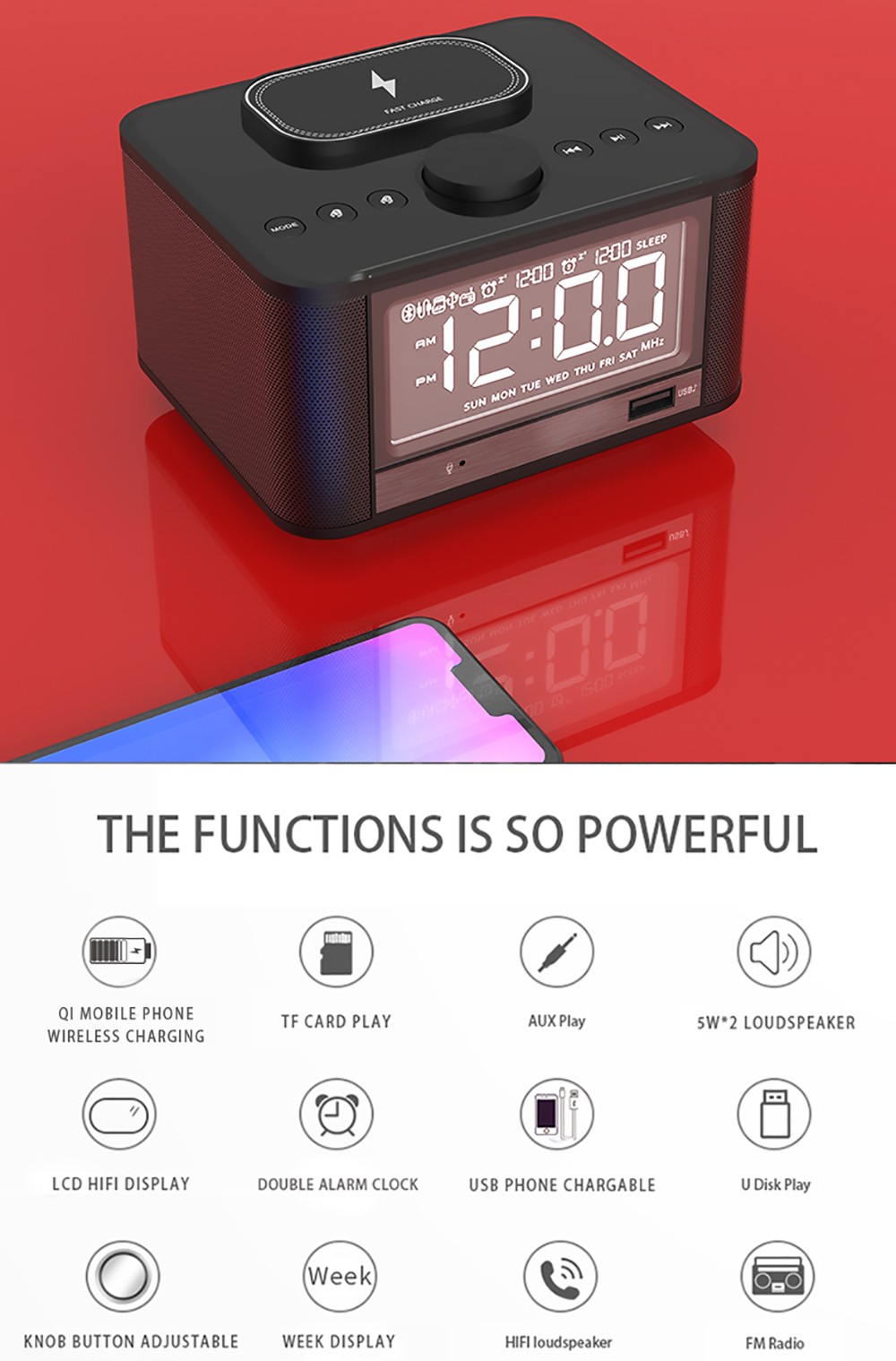 GREEN TIME M7-QI Bluetooth Alarm Clock Speaker, Mobile Phone Wireless Charging, U Disk TF Card Play, FM Radio - White