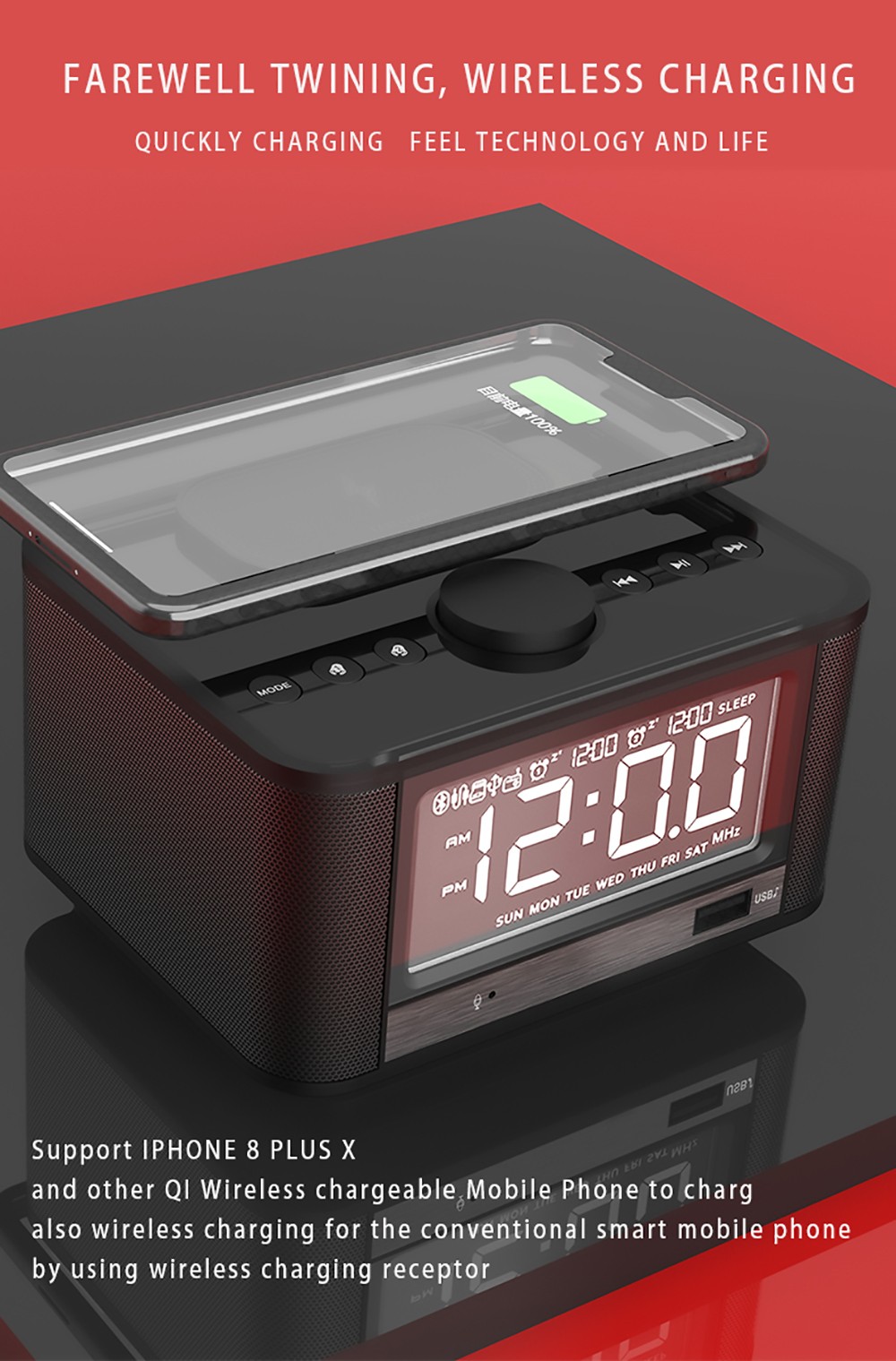 GREEN TIME M7-QI Bluetooth Alarm Clock Speaker, Mobile Phone Wireless Charging, U Disk TF Card Play, FM Radio - White