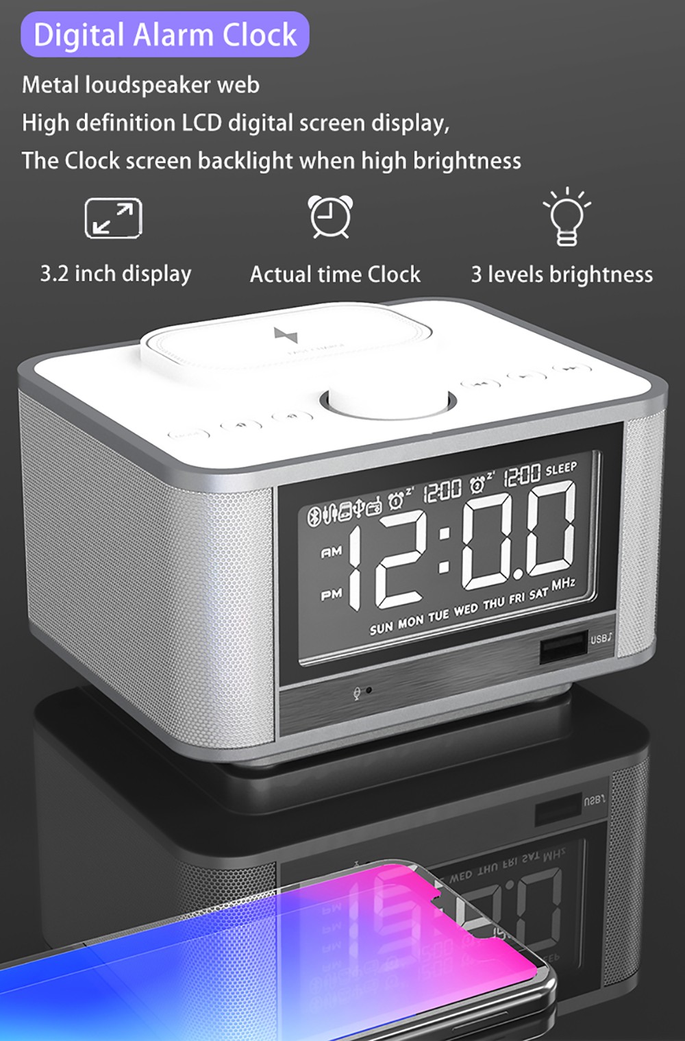 GREEN TIME M7-QI Bluetooth Alarm Clock Speaker, Mobile Phone Wireless Charging, U Disk TF Card Play, FM Radio - White