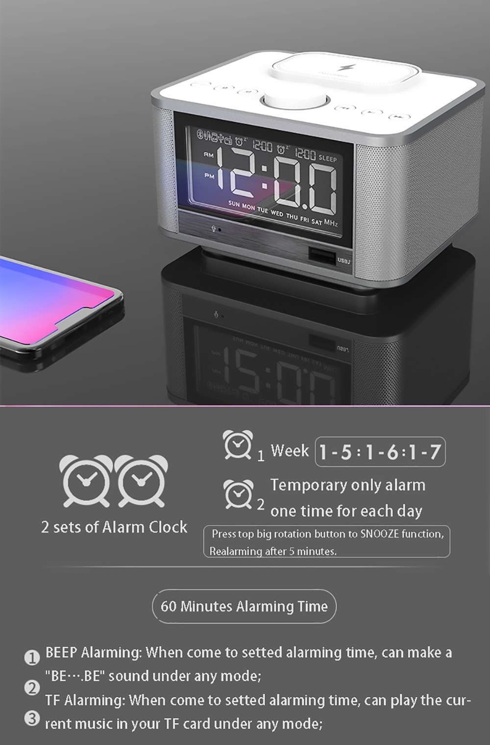 GREEN TIME M7-QI Bluetooth Alarm Clock Speaker, Mobile Phone Wireless Charging, U Disk TF Card Play, FM Radio - White