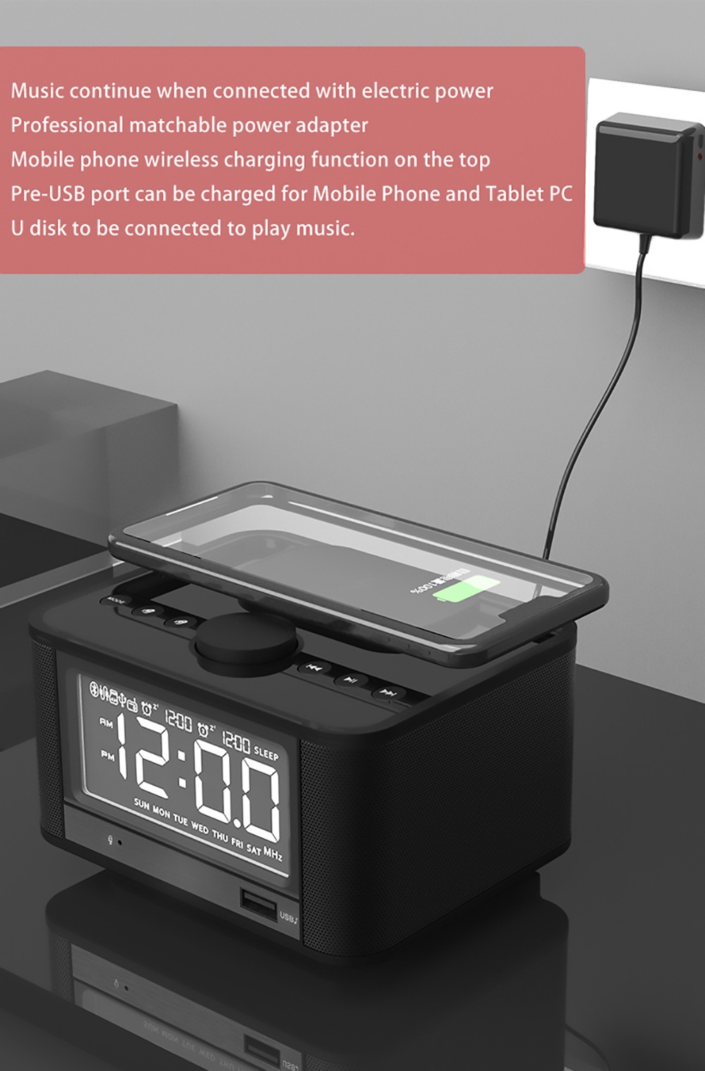 GREEN TIME M7-QI Bluetooth Alarm Clock Speaker, Mobile Phone Wireless Charging, U Disk TF Card Play, FM Radio - White