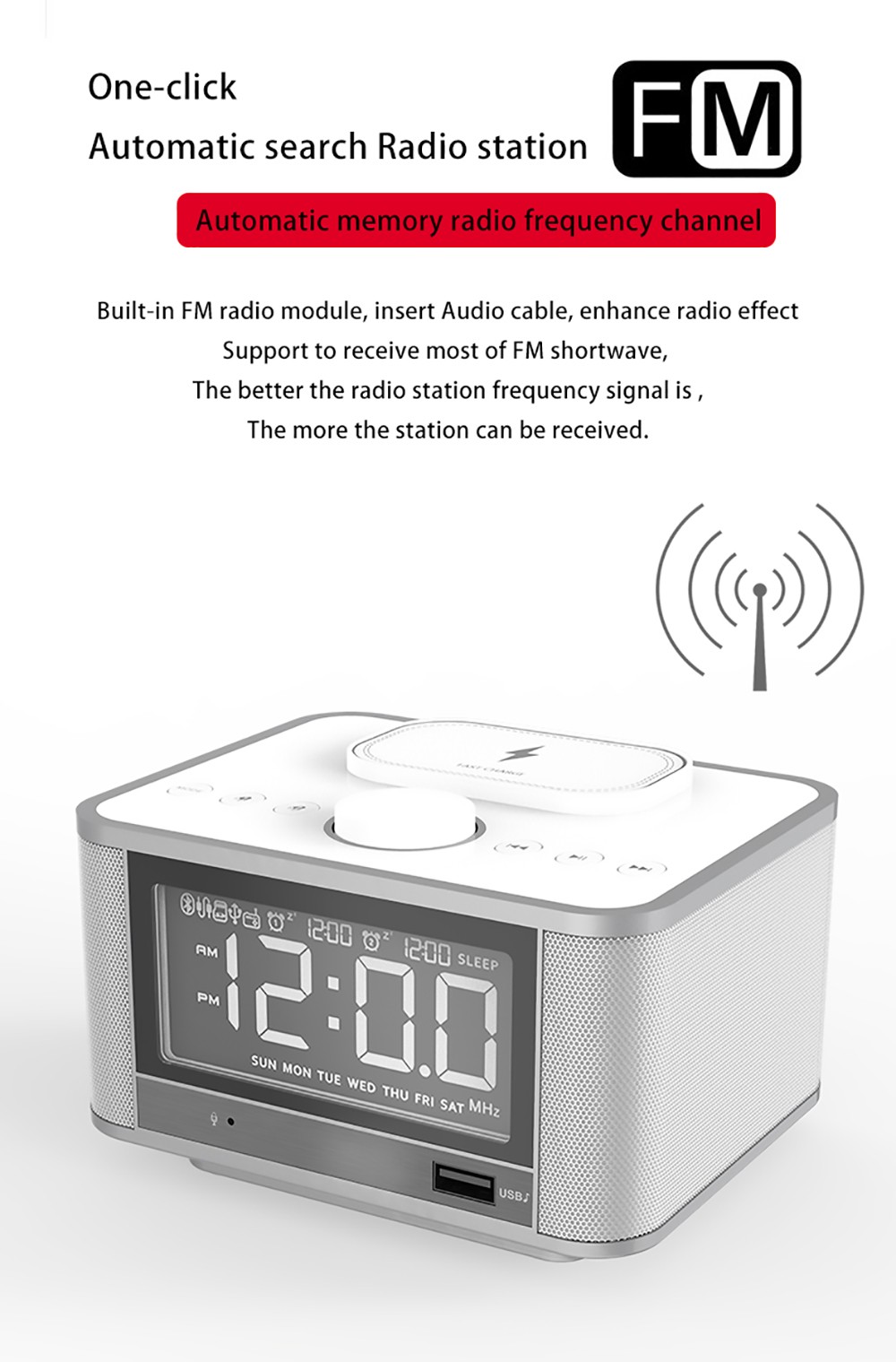 GREEN TIME M7-QI Bluetooth Alarm Clock Speaker, Mobile Phone Wireless Charging, U Disk TF Card Play, FM Radio - White