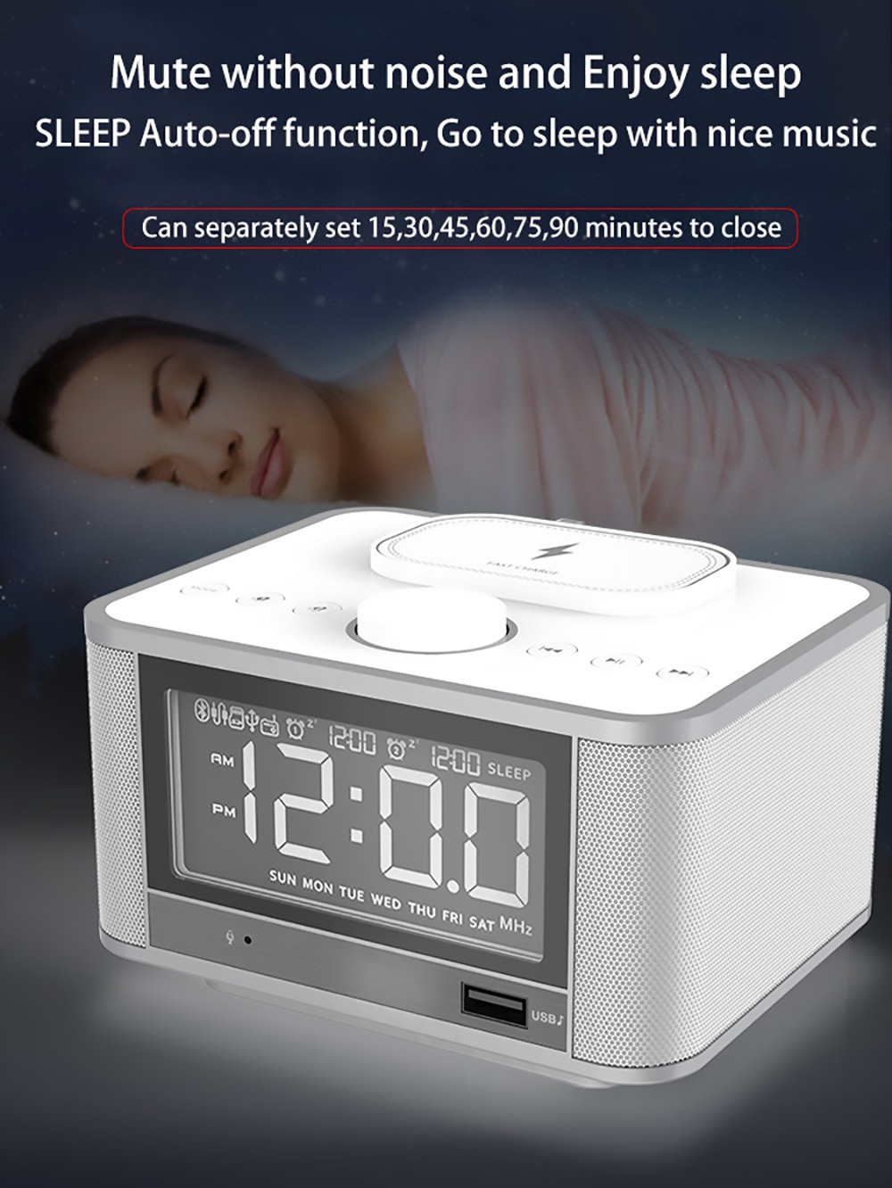 GREEN TIME M7-QI Bluetooth Alarm Clock Speaker, Mobile Phone Wireless Charging, U Disk TF Card Play, FM Radio - White