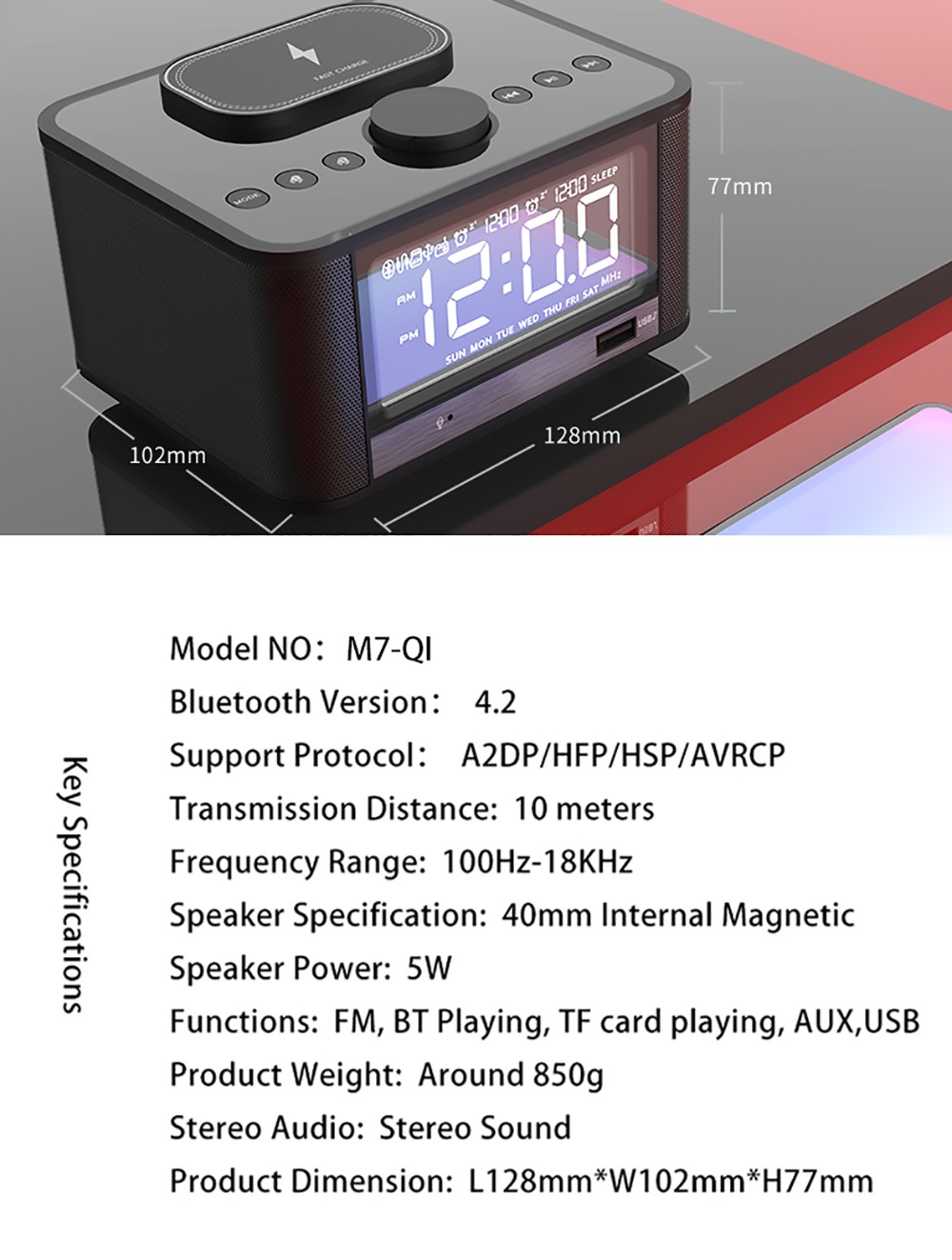 GREEN TIME M7-QI Bluetooth Alarm Clock Speaker, Mobile Phone Wireless Charging, U Disk TF Card Play, FM Radio - White