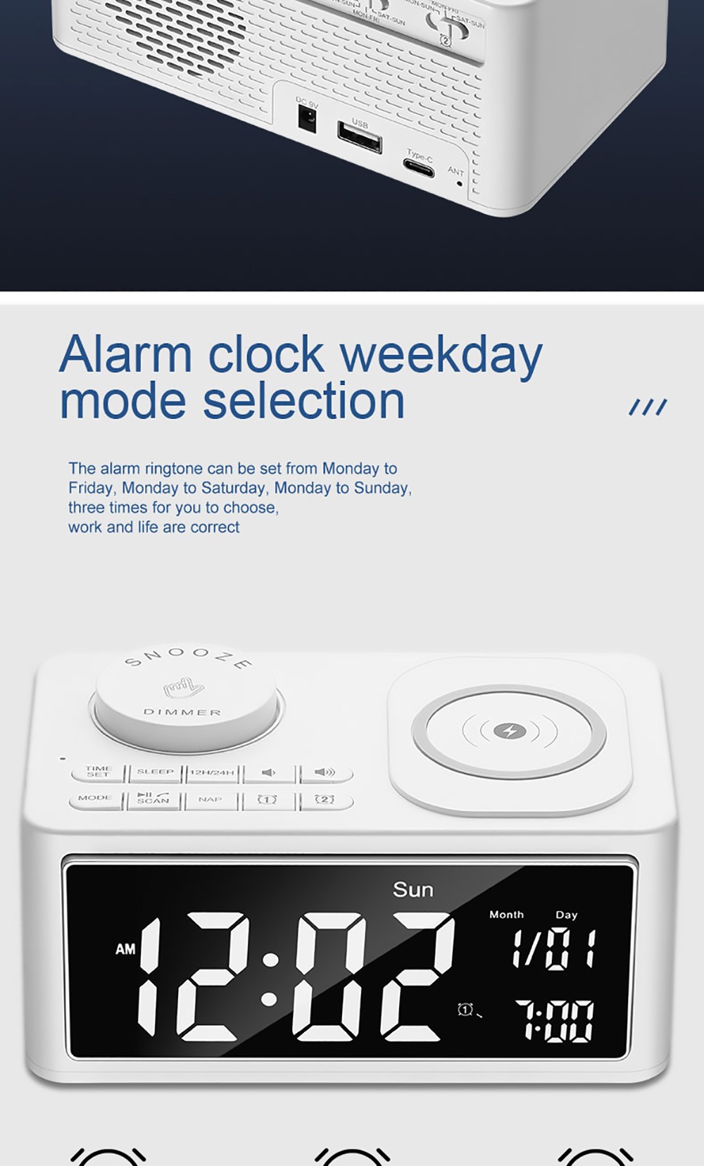 GREEN TIME T11 Multifunction Wireless Charging Bluetooth 5.0 Speaker, Bedside Alarm Clock FM Radio Player - White