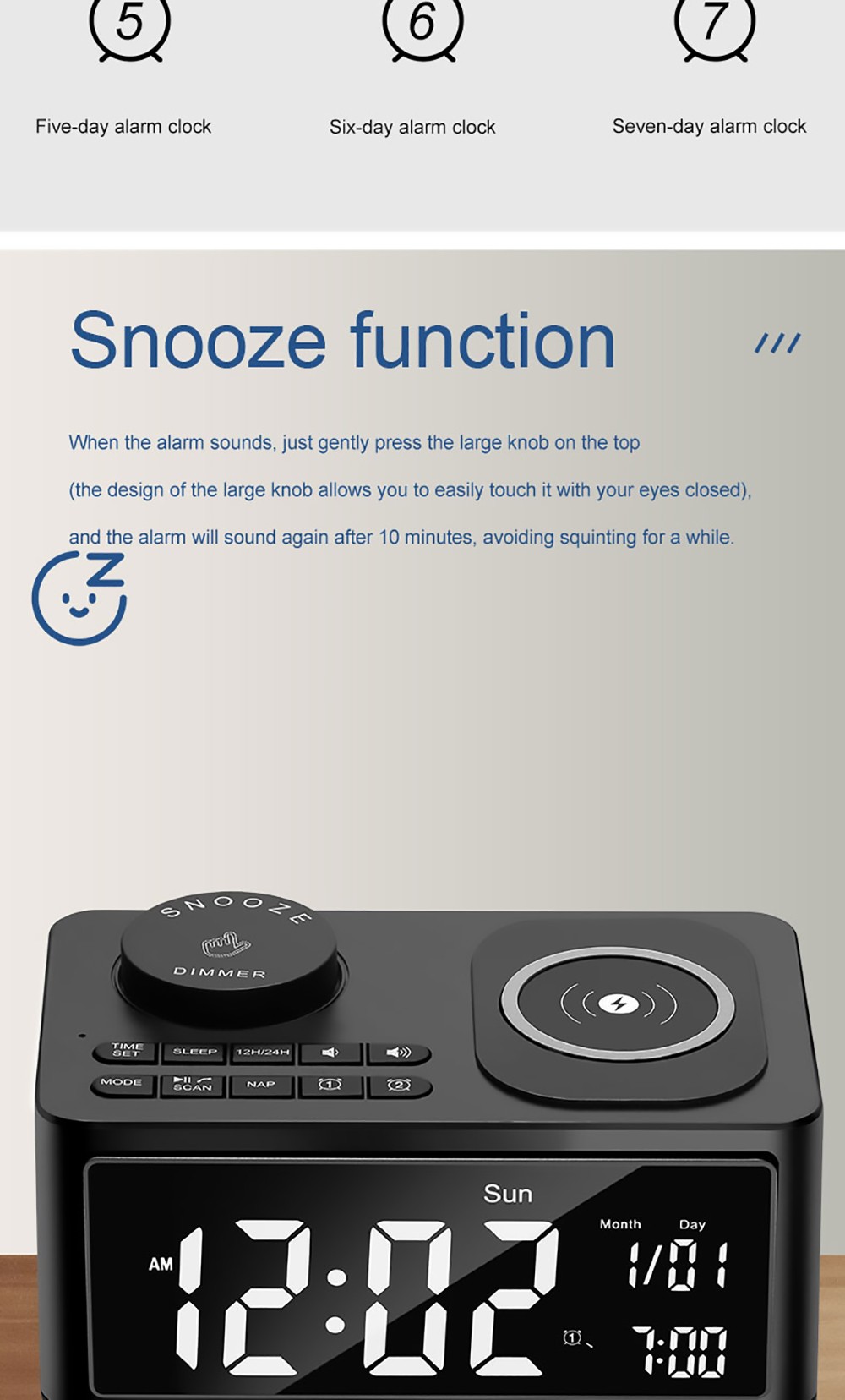 GREEN TIME T11 Multifunction Wireless Charging Bluetooth 5.0 Speaker, Bedside Alarm Clock FM Radio Player - White