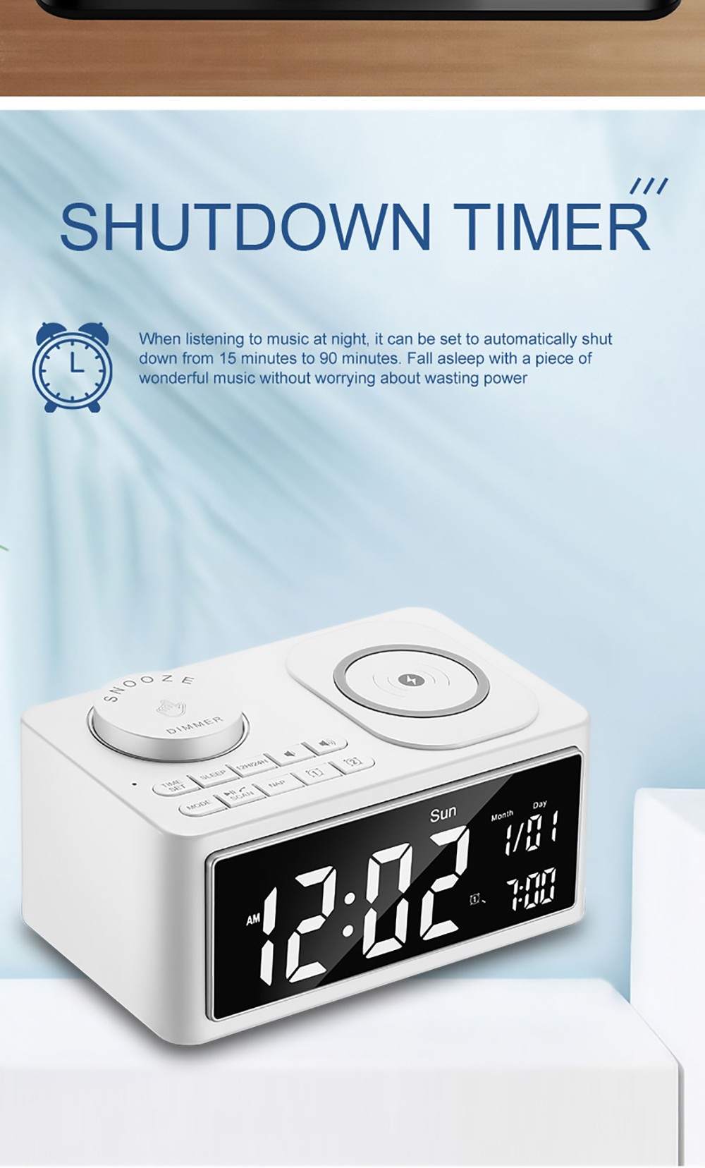 GREEN TIME T11 Multifunction Wireless Charging Bluetooth 5.0 Speaker, Bedside Alarm Clock FM Radio Player - White