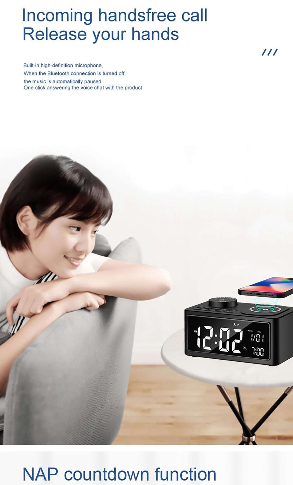 GREEN TIME T11 Multifunction Wireless Charging Bluetooth 5.0 Speaker, Bedside Alarm Clock FM Radio Player - White