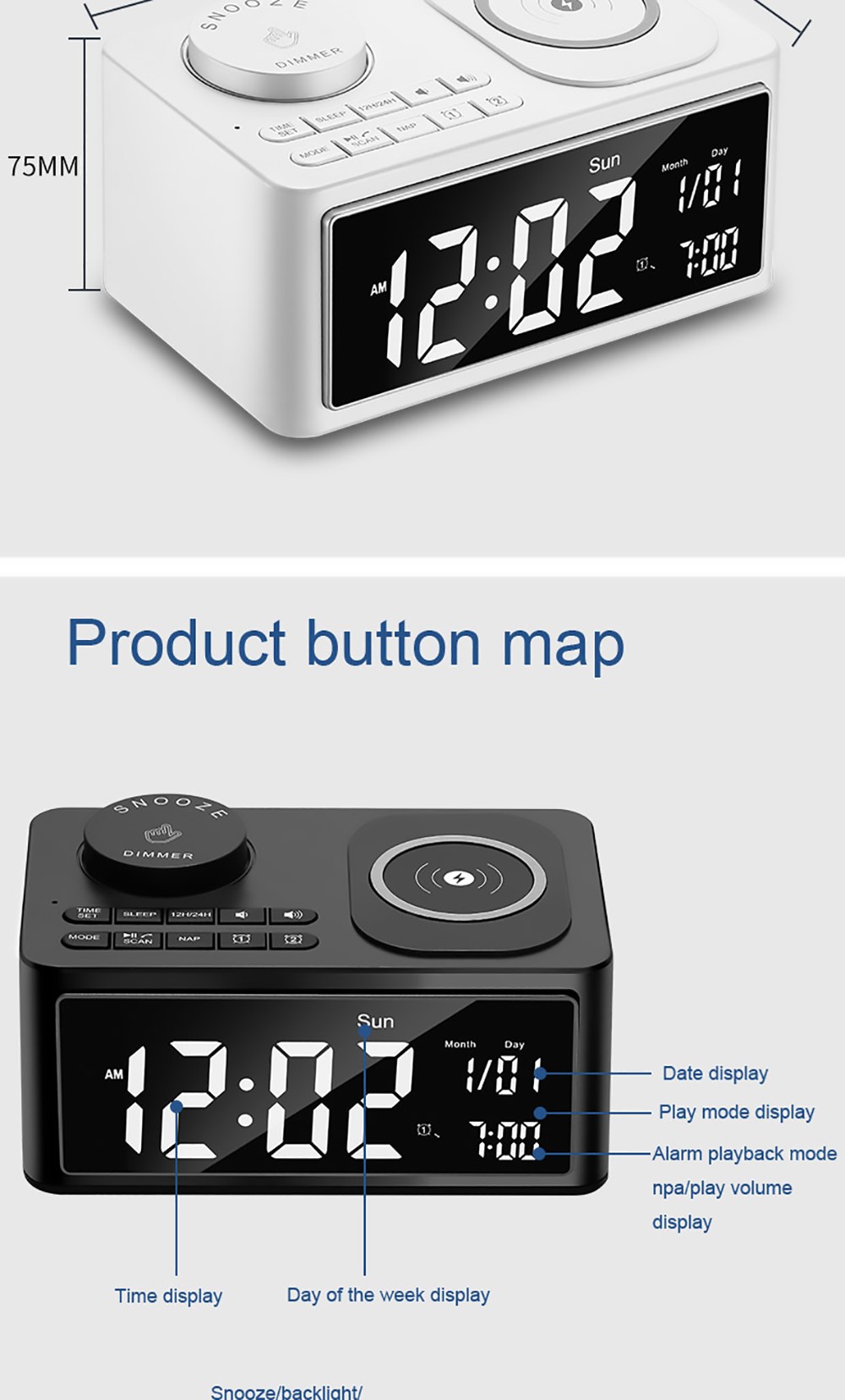 GREEN TIME T11 Multifunction Wireless Charging Bluetooth 5.0 Speaker, Bedside Alarm Clock FM Radio Player - White