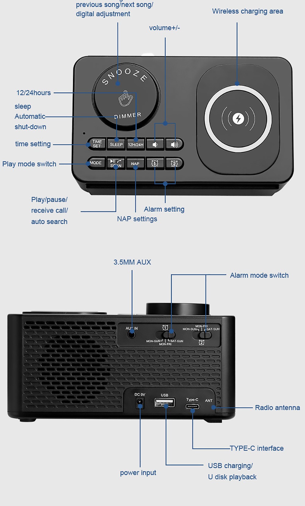 GREEN TIME T11 Multifunction Wireless Charging Bluetooth 5.0 Speaker, Bedside Alarm Clock FM Radio Player - White