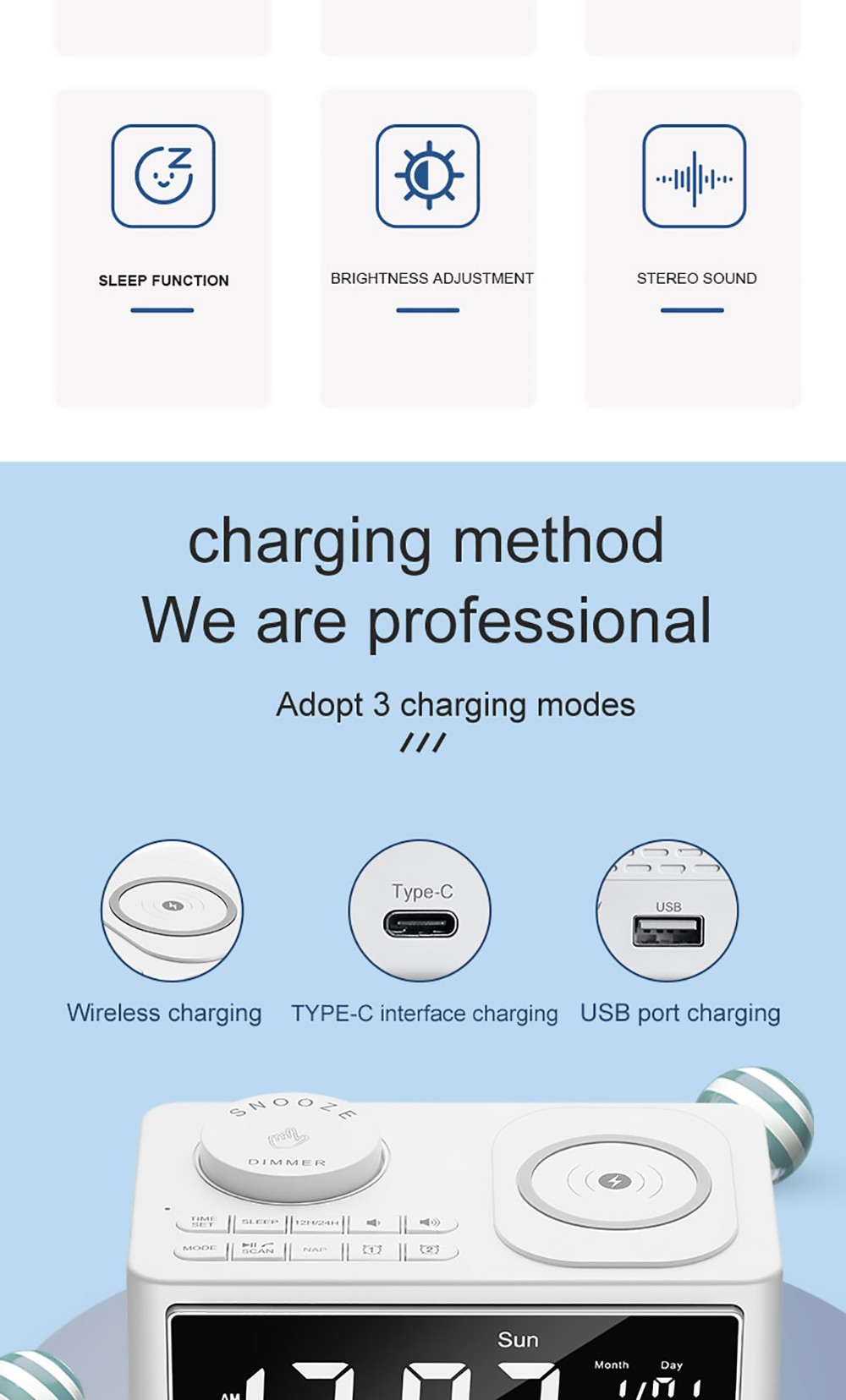 GREEN TIME T11 Multifunction Wireless Charging Bluetooth 5.0 Speaker, Bedside Alarm Clock FM Radio Player - White