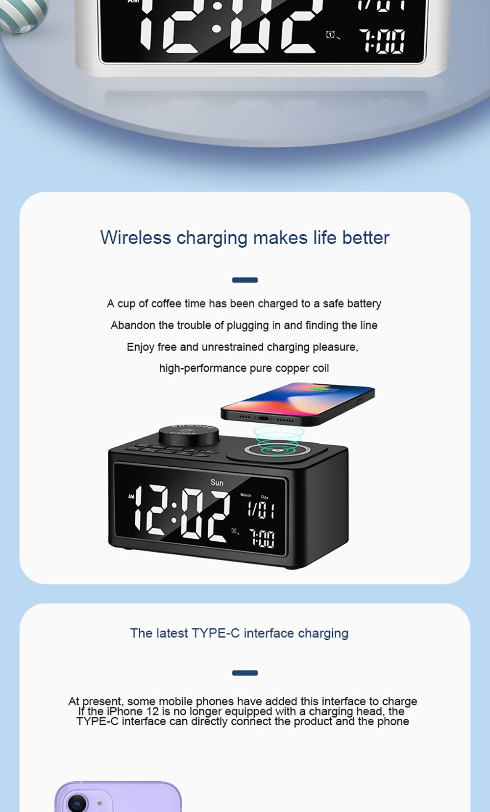 GREEN TIME T11 Multifunction Wireless Charging Bluetooth 5.0 Speaker, Bedside Alarm Clock FM Radio Player - White