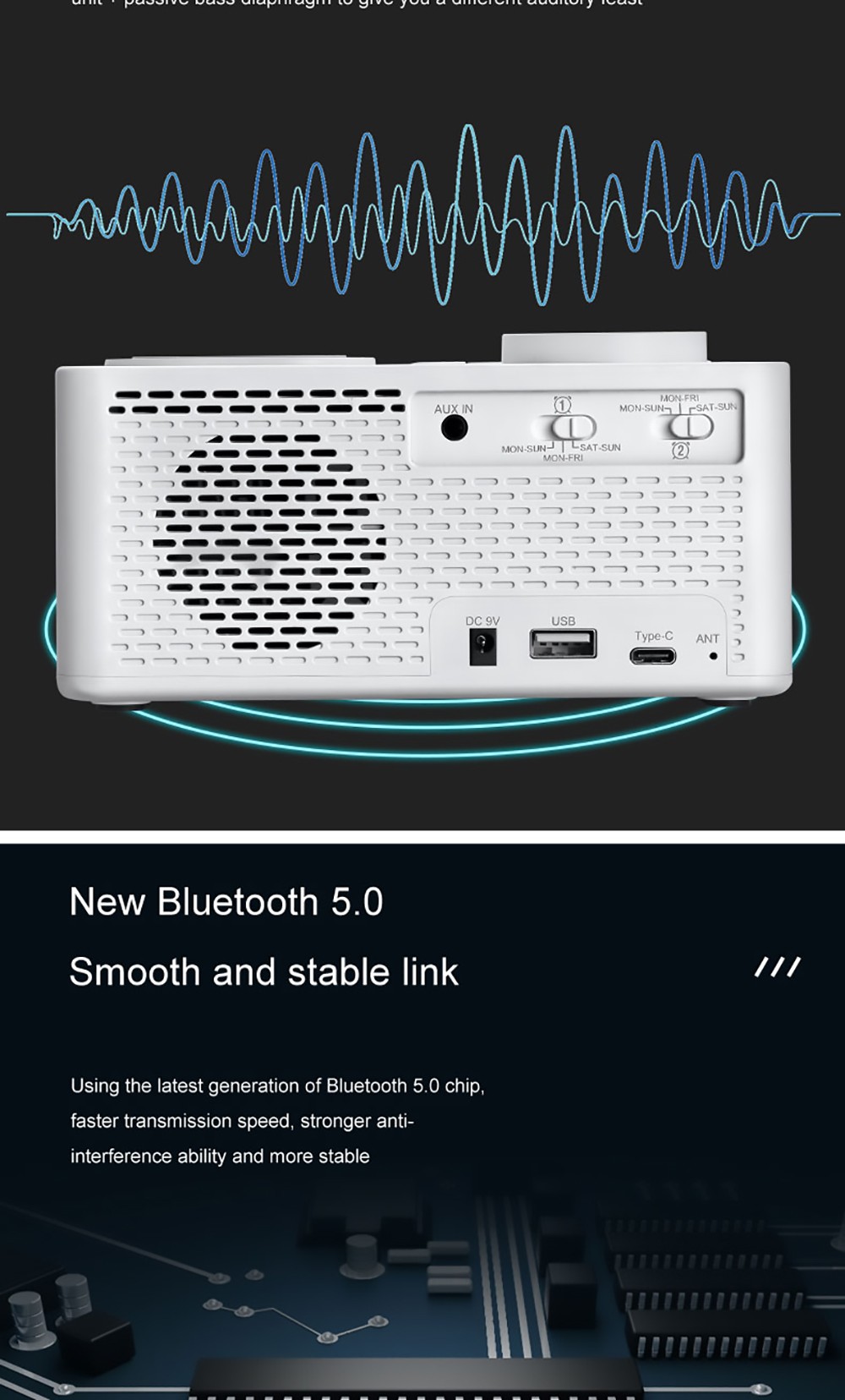 GREEN TIME T11 Multifunction Wireless Charging Bluetooth 5.0 Speaker, Bedside Alarm Clock FM Radio Player - White