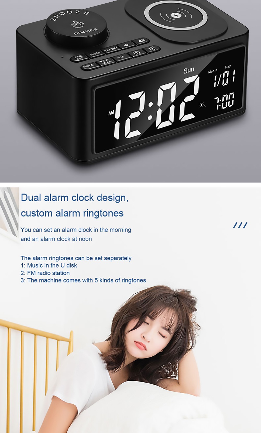 GREEN TIME T11 Multifunction Wireless Charging Bluetooth 5.0 Speaker, Bedside Alarm Clock FM Radio Player - White