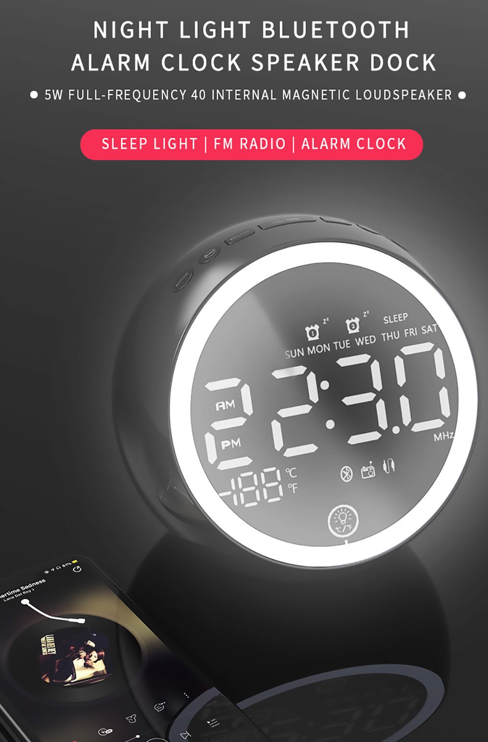 GREEN TIME X10 Bluetooth 5.0 Alarm Clock Speaker Bedside Night Light, LED Display Computer Audio, FM Radio - White