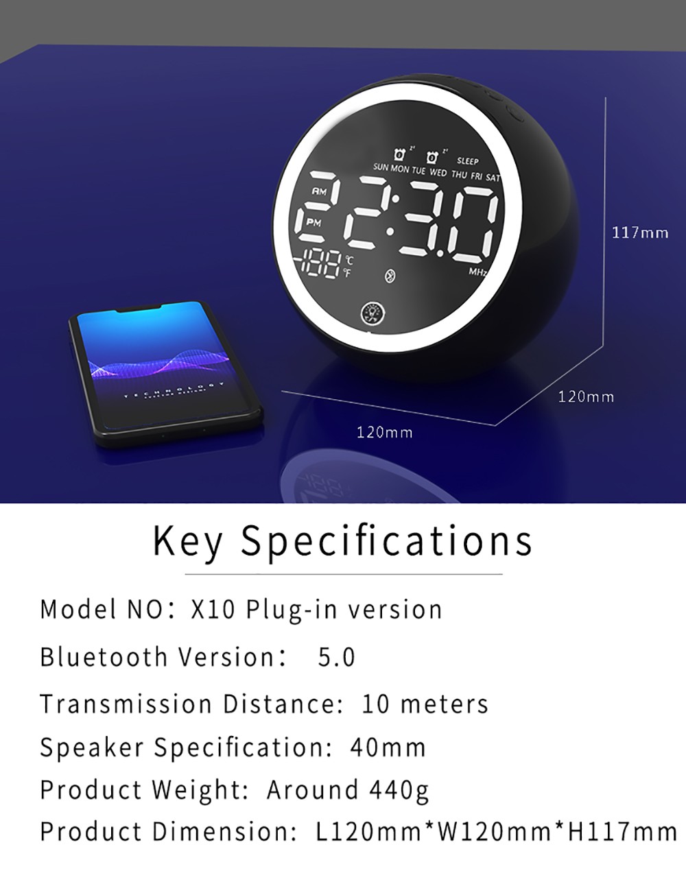 GREEN TIME X10 Bluetooth 5.0 Alarm Clock Speaker Bedside Night Light, LED Display Computer Audio, FM Radio - White