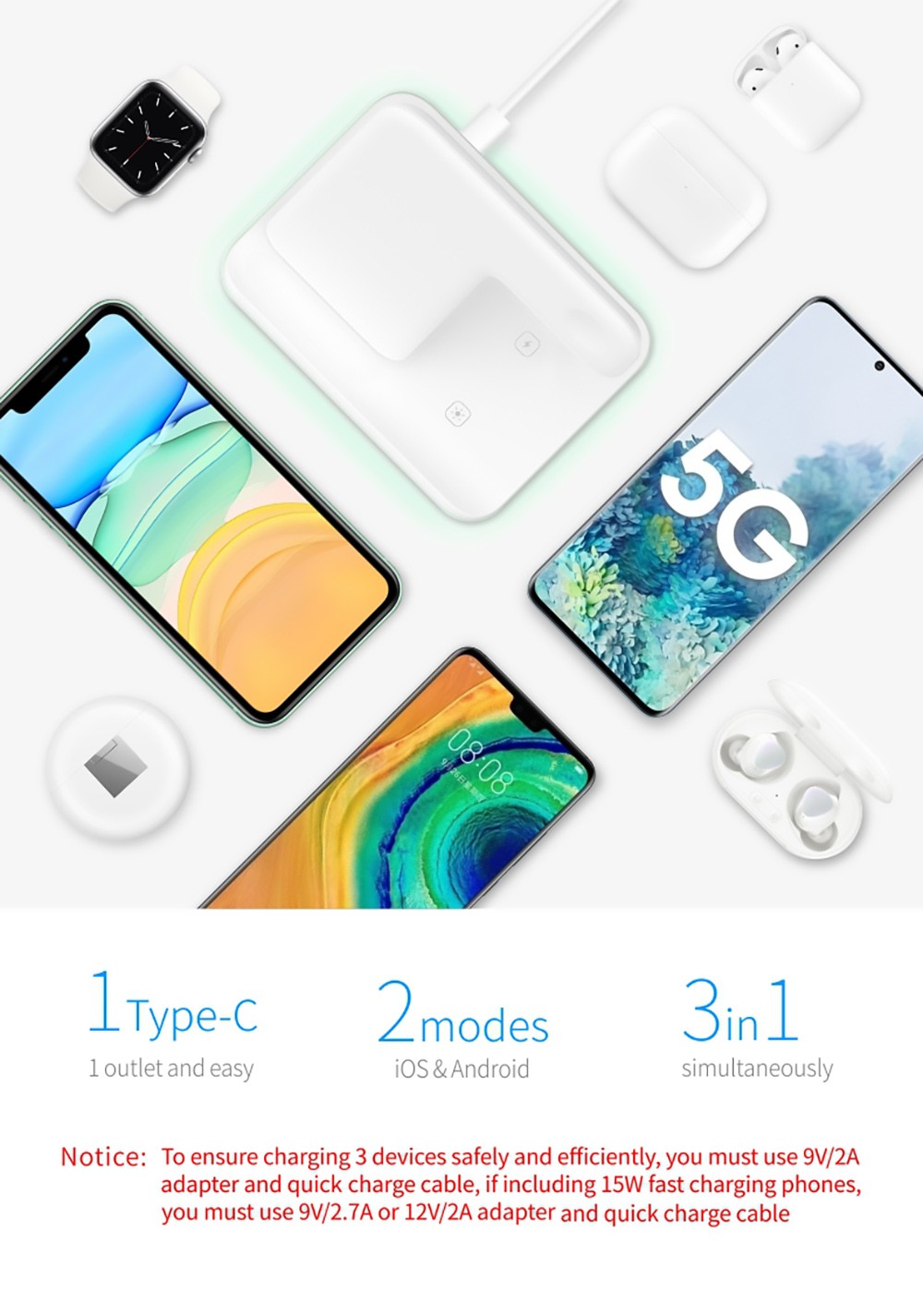 Multifunctional 15W 3-in-1 Magnetic Wireless Charger for iPhone / iWatch / Earphone, Fast Charging Base Bracket - White