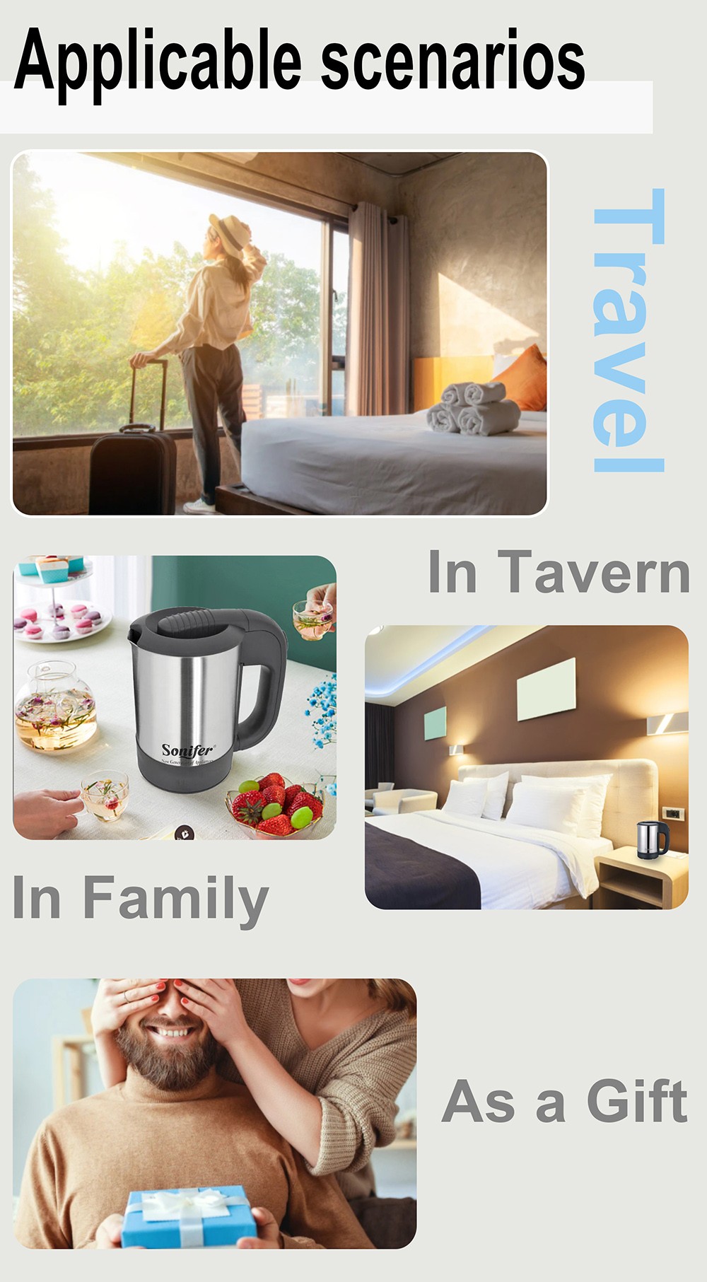 Sonifer SF2011 0.5L 1000W Mini Electric Kettle, Stainless Steel Portable Travel Tea Coffee Water Boiler Pot for Hotel