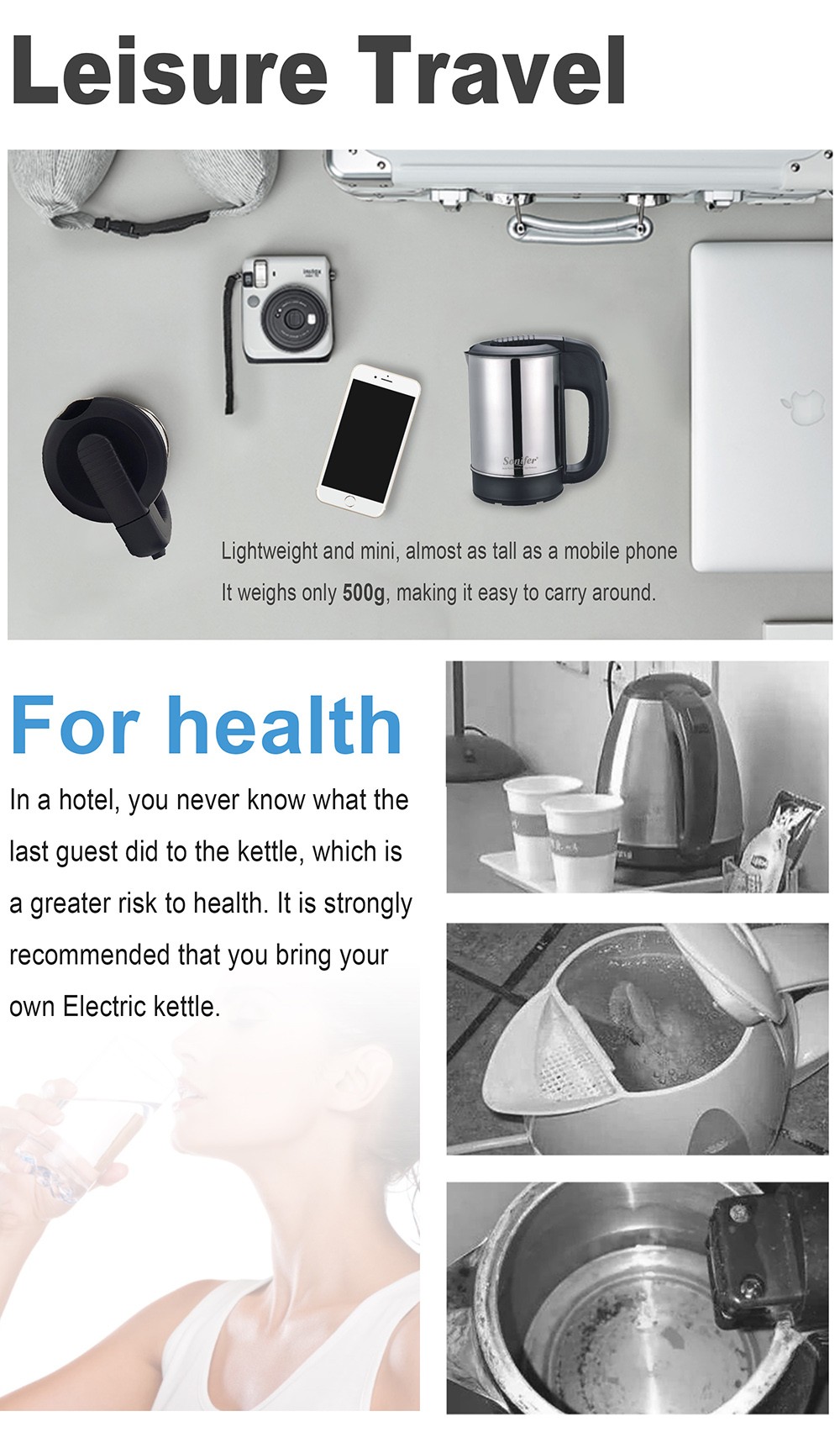 Sonifer SF2011 0.5L 1000W Mini Electric Kettle, Stainless Steel Portable Travel Tea Coffee Water Boiler Pot for Hotel