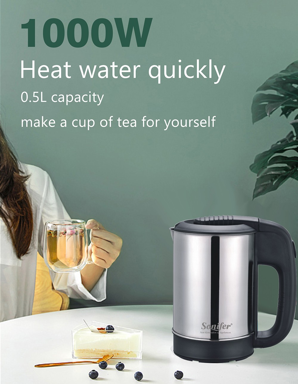 Sonifer SF2011 0.5L 1000W Mini Electric Kettle, Stainless Steel Portable Travel Tea Coffee Water Boiler Pot for Hotel