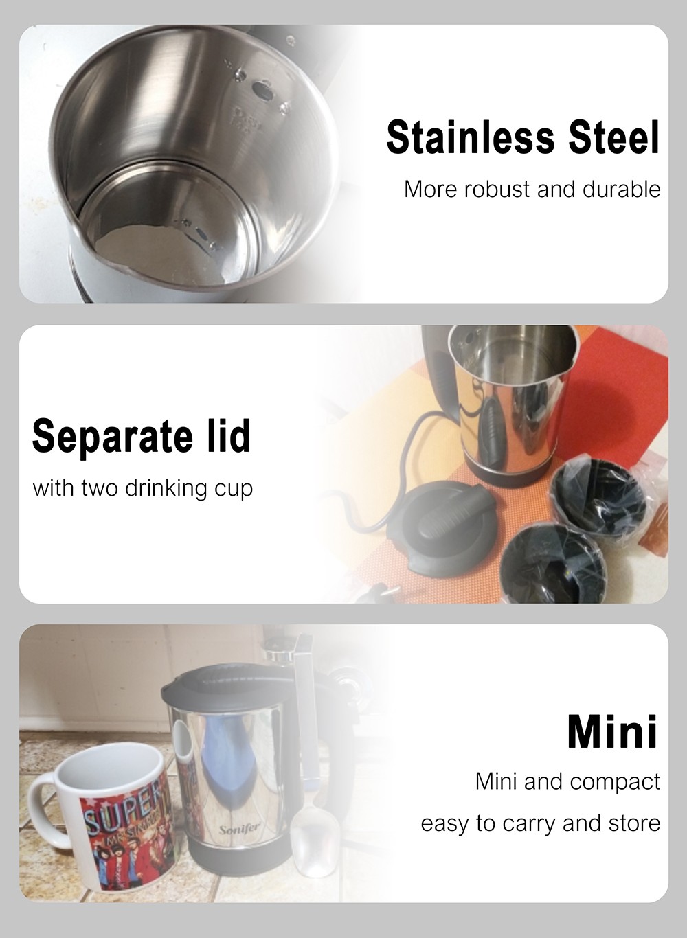 Sonifer SF2011 0.5L 1000W Mini Electric Kettle, Stainless Steel Portable Travel Tea Coffee Water Boiler Pot for Hotel