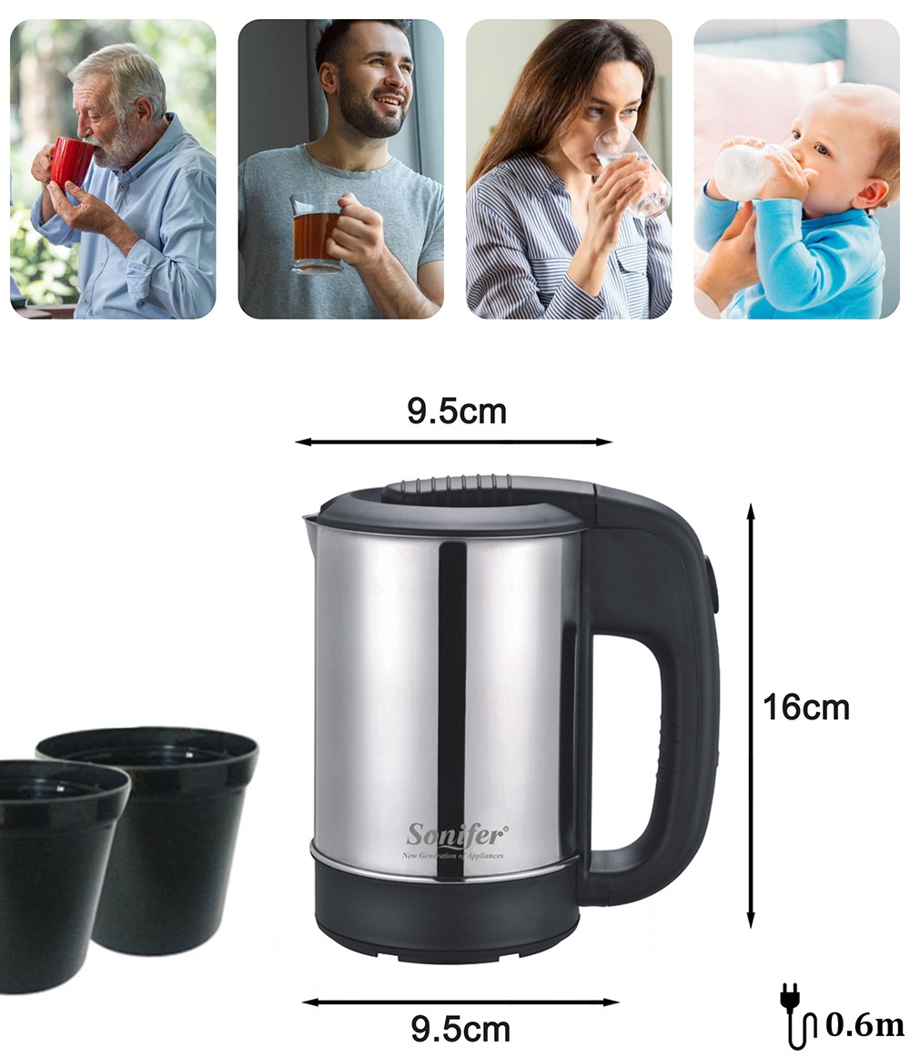 Sonifer SF2011 0.5L 1000W Mini Electric Kettle, Stainless Steel Portable Travel Tea Coffee Water Boiler Pot for Hotel