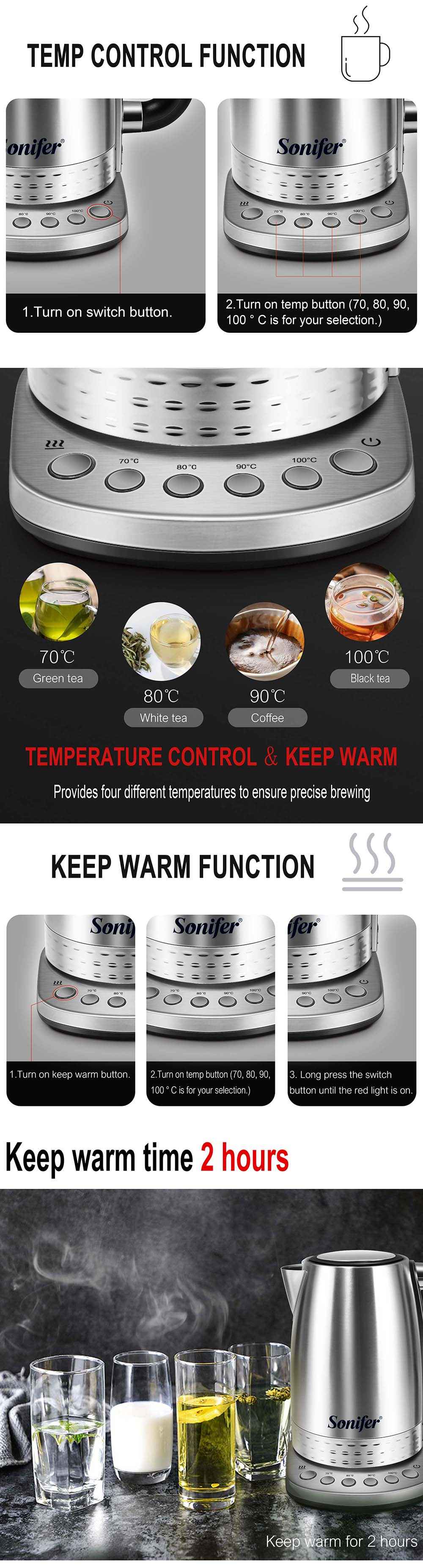 Sonifer SF2054 1.7L 2200W Cordless Electric Kettle, Tea Coffee Thermo Pot Kitchen Smart Kettle with Keep-Warm Function