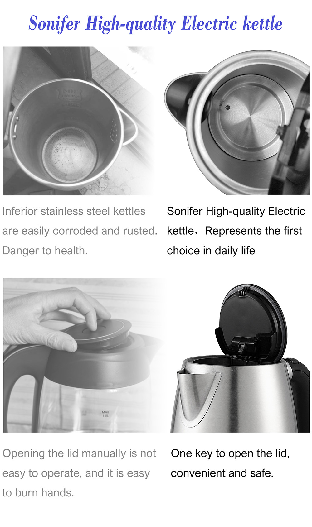 Sonifer SF2054 1.7L 2200W Cordless Electric Kettle, Tea Coffee Thermo Pot Kitchen Smart Kettle with Keep-Warm Function