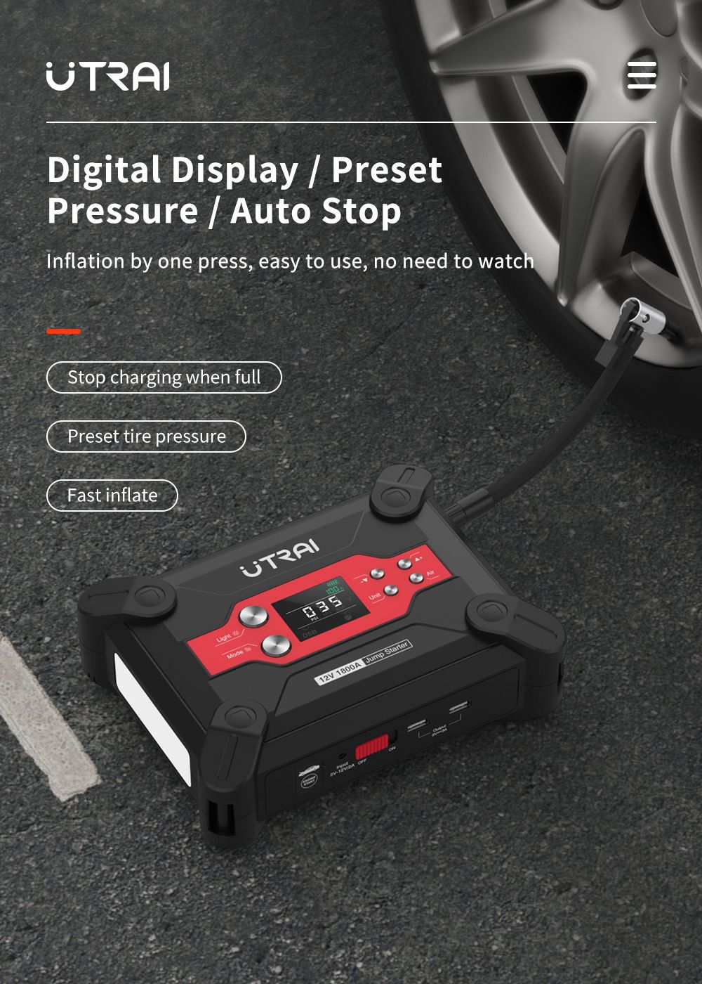 UTRAI Jstar 6 24000mAh 1800A 4-in-1 Car Jump Starter with Air Compressor, Dual USB Outputs Power Bank, LED Flashlight