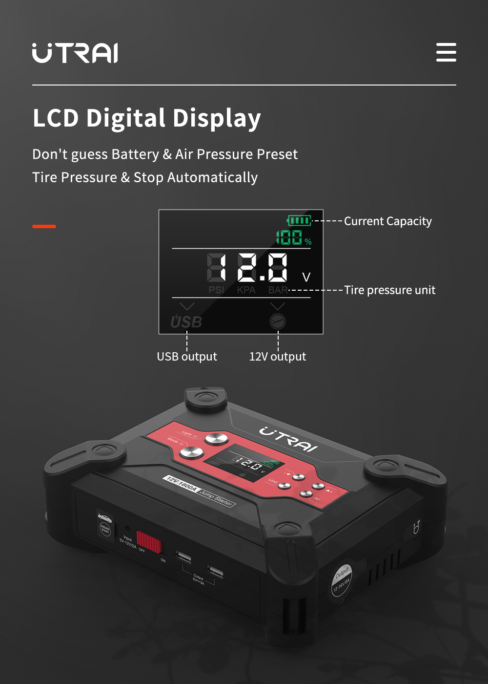 UTRAI Jstar 6 24000mAh 1800A 4-in-1 Car Jump Starter with Air Compressor, Dual USB Outputs Power Bank, LED Flashlight