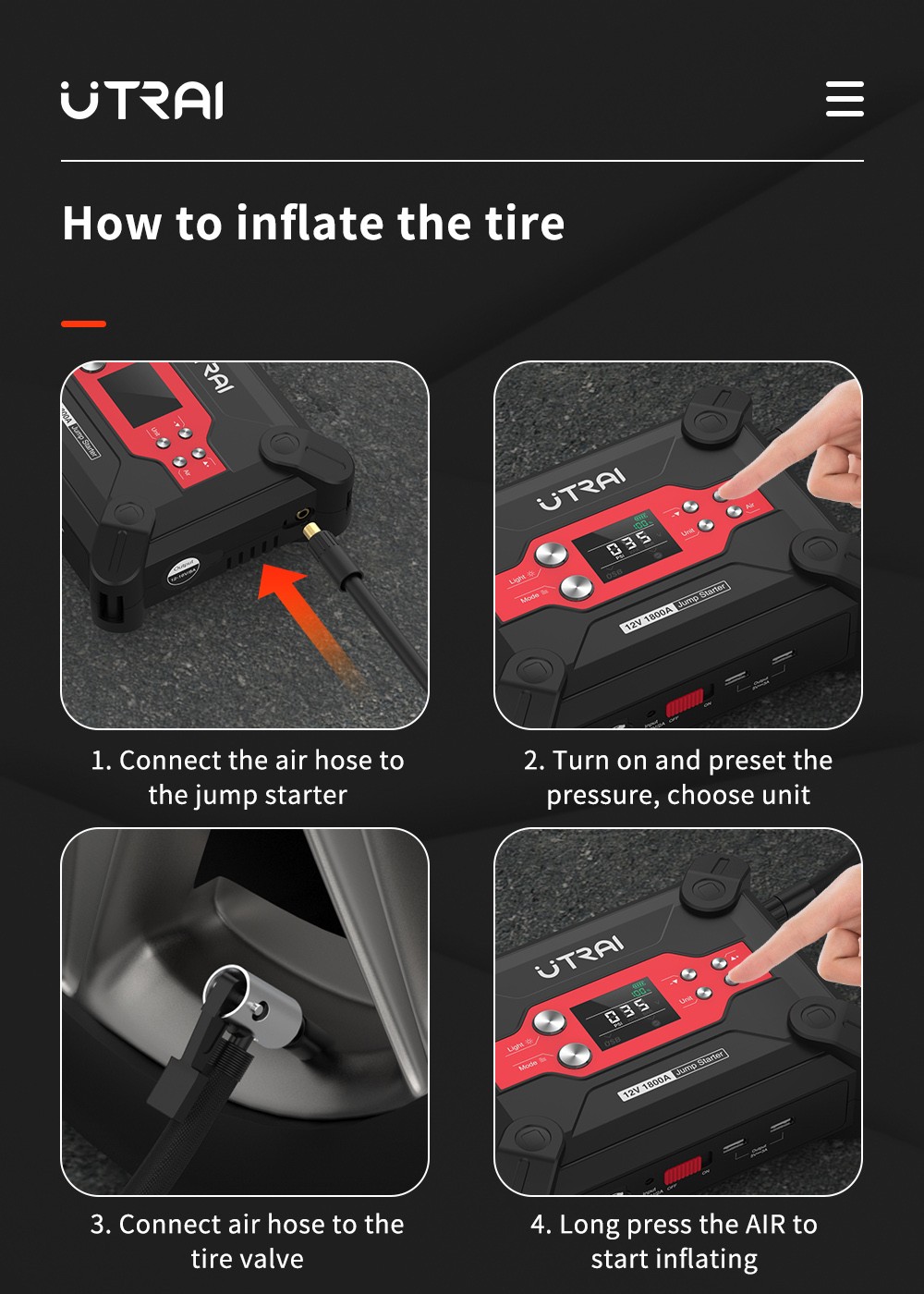 UTRAI Jstar 6 24000mAh 1800A 4-in-1 Car Jump Starter with Air Compressor, Dual USB Outputs Power Bank, LED Flashlight