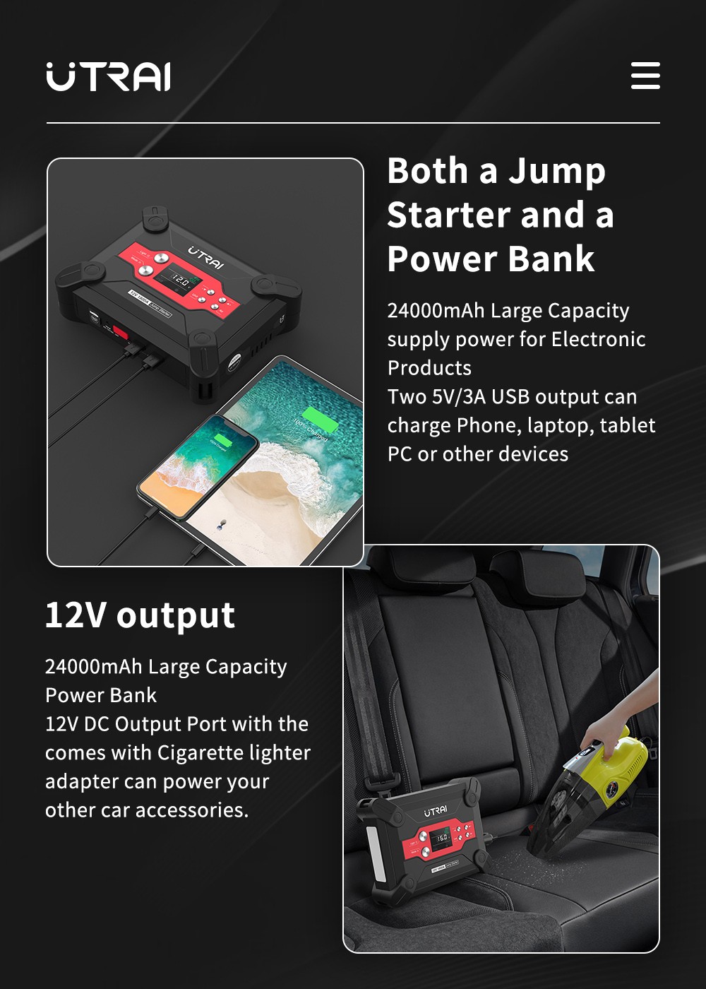 UTRAI Jstar 6 24000mAh 1800A 4-in-1 Car Jump Starter with Air Compressor, Dual USB Outputs Power Bank, LED Flashlight