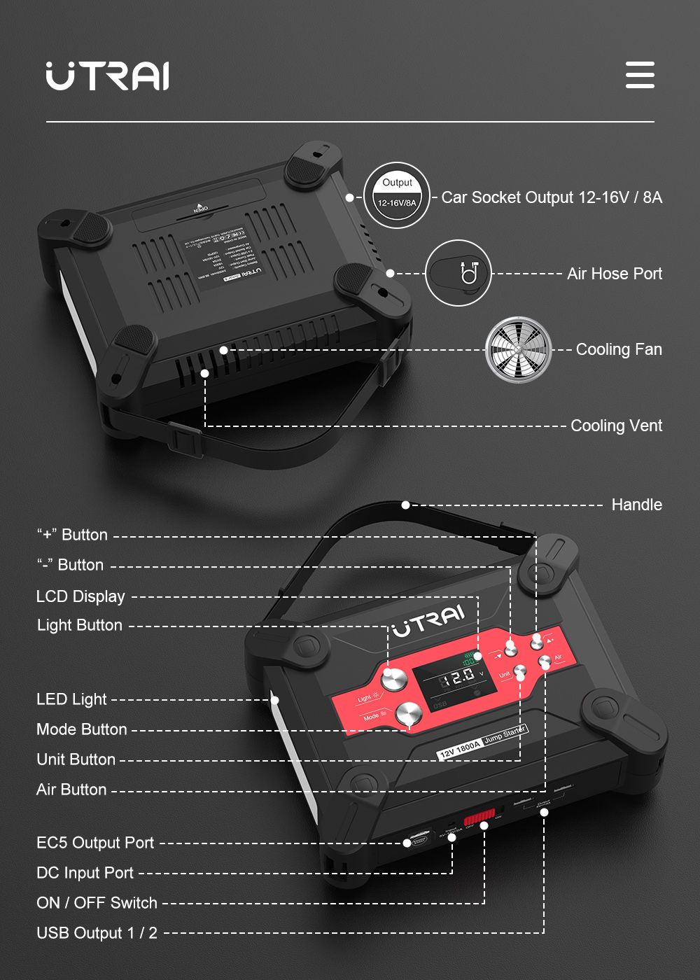 UTRAI Jstar 6 24000mAh 1800A 4-in-1 Car Jump Starter with Air Compressor, Dual USB Outputs Power Bank, LED Flashlight