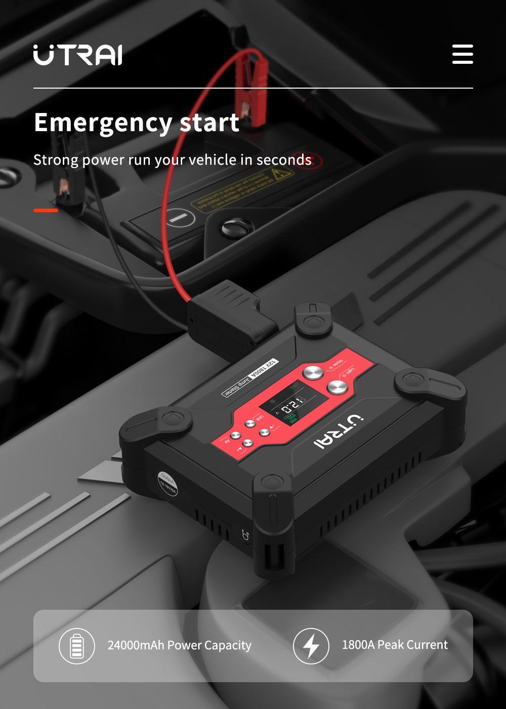 UTRAI Jstar 6 24000mAh 1800A 4-in-1 Car Jump Starter with Air Compressor, Dual USB Outputs Power Bank, LED Flashlight