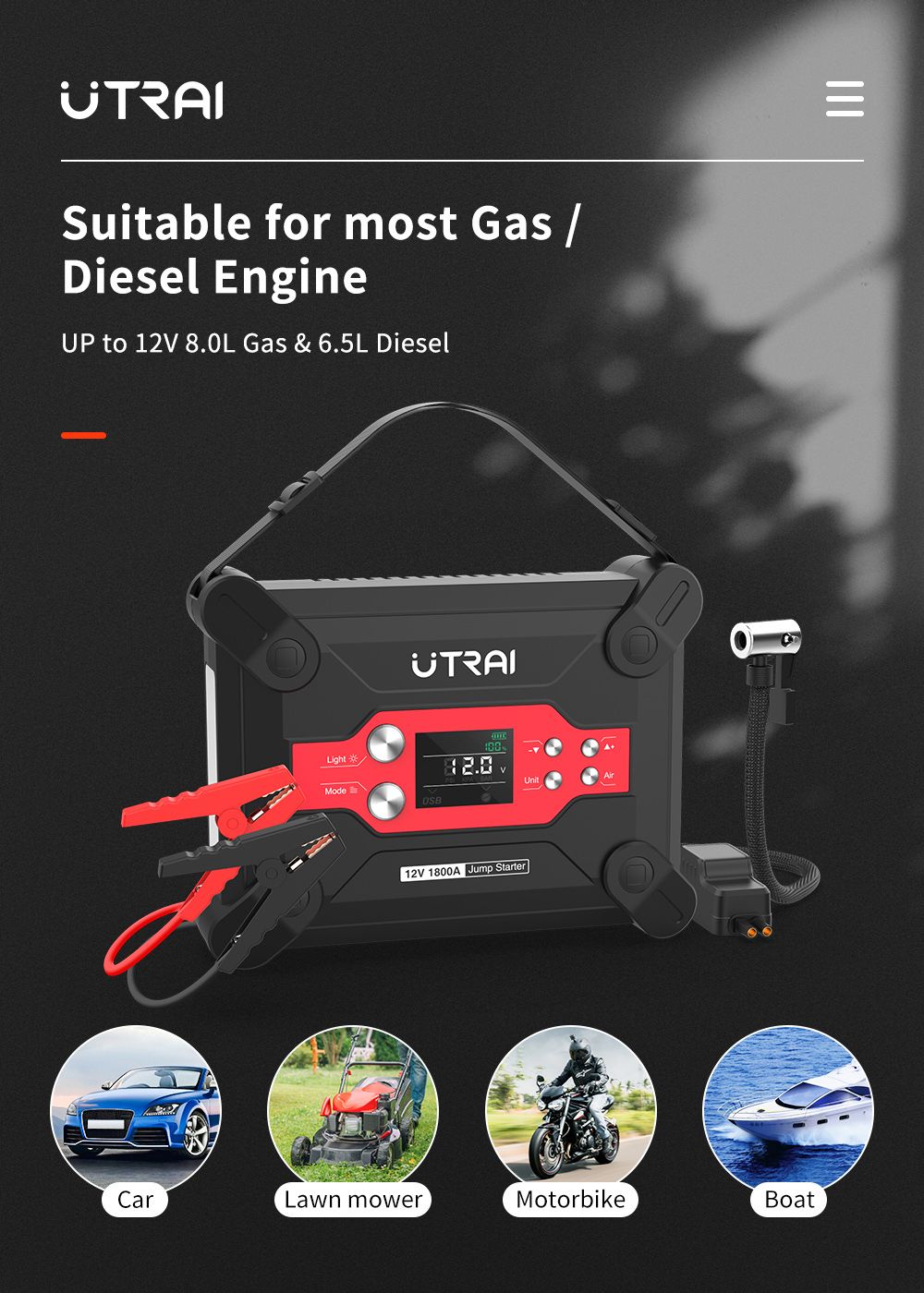 UTRAI Jstar 6 24000mAh 1800A 4-in-1 Car Jump Starter with Air Compressor, Dual USB Outputs Power Bank, LED Flashlight