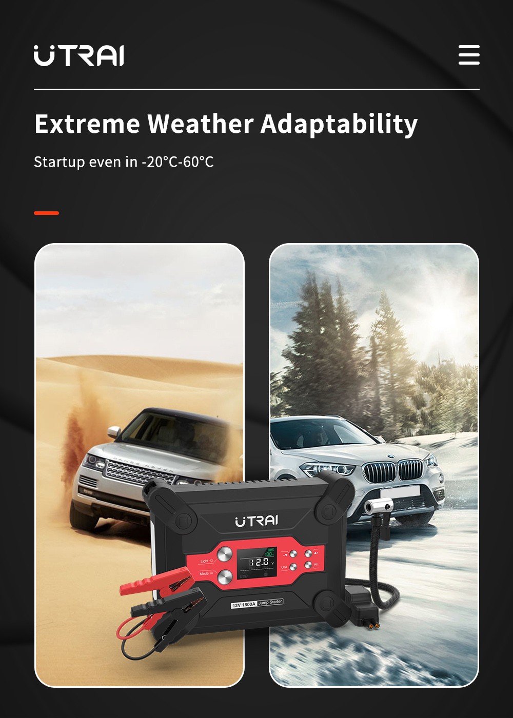 UTRAI Jstar 6 24000mAh 1800A 4-in-1 Car Jump Starter with Air Compressor, Dual USB Outputs Power Bank, LED Flashlight