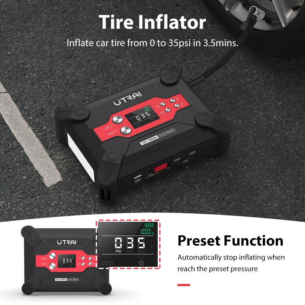 UTRAI Jstar 6 24000mAh 1800A 4-in-1 Car Jump Starter with Air Compressor, Dual USB Outputs Power Bank, LED Flashlight