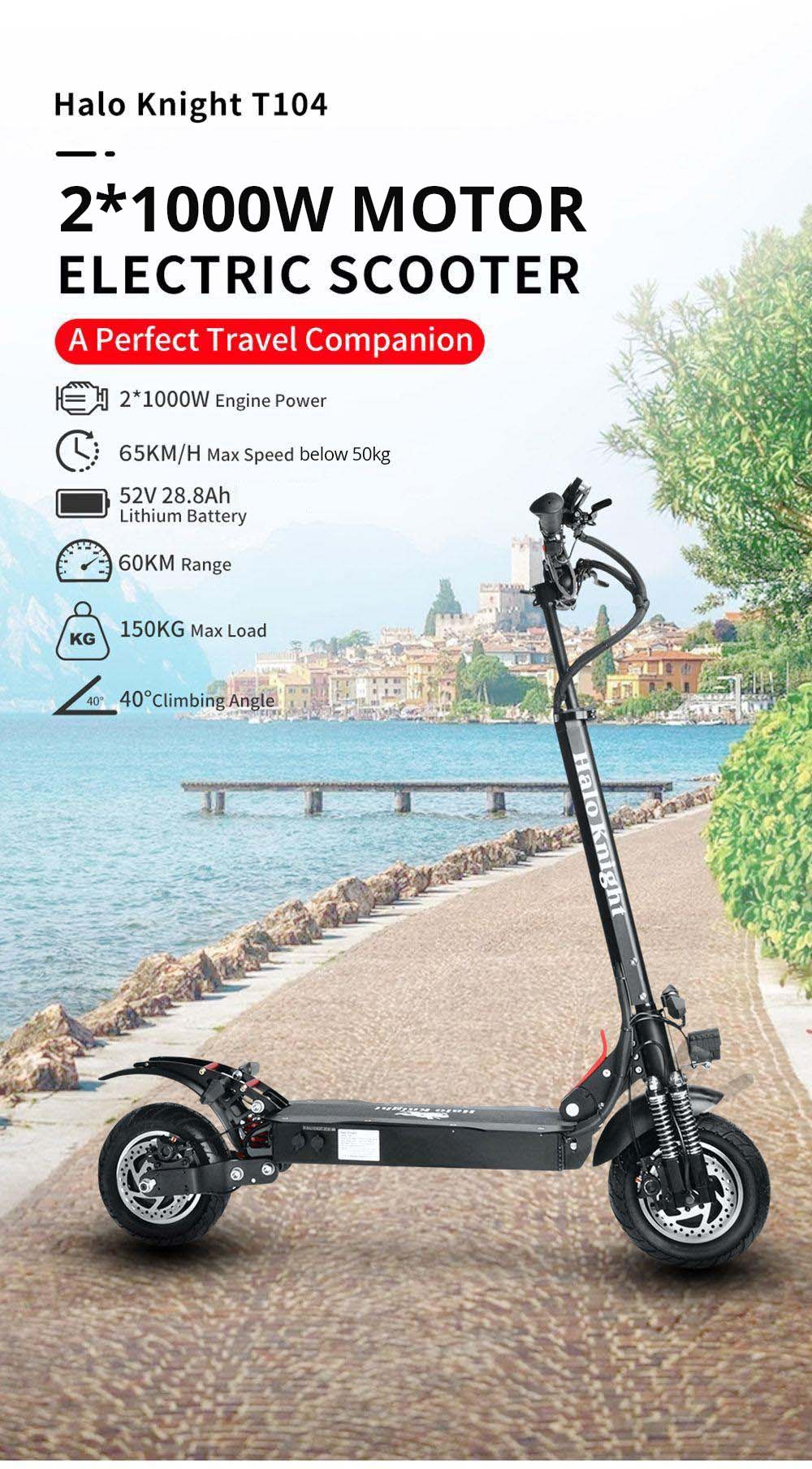 Halo Knight T104 Road Electric Scooter 10 Inch Pneumatic Tire 2000W Dual Motor 52V 28.8Ah Battery 60km Range 65km/h Max Speed 150kg Load