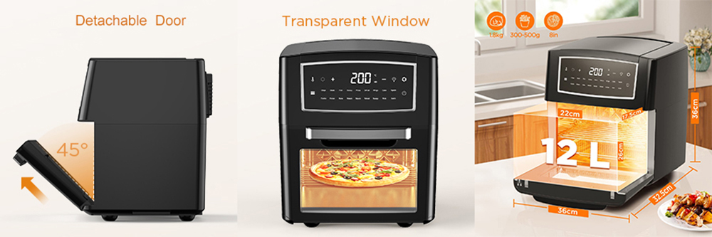 Calmdo AF-120CDEU 18 in 1 Air Fryer Toaster Oven Oil Free 1500W 12L/12.7QT Stainless Steel 360 Degree Air Circulation 18 Preset Functions Touch Control 10 Grill Accessories for Bake & Broil - Black