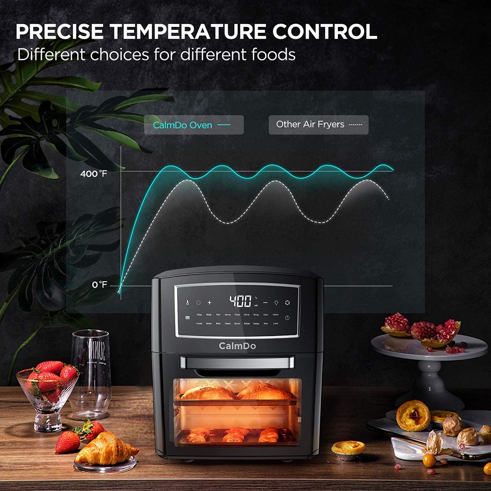 Calmdo AF-120CDEU 18 in 1 Air Fryer Toaster Oven Oil Free 1500W 12L/12.7QT Stainless Steel 360 Degree Air Circulation 18 Preset Functions Touch Control 10 Grill Accessories for Bake & Broil - Black