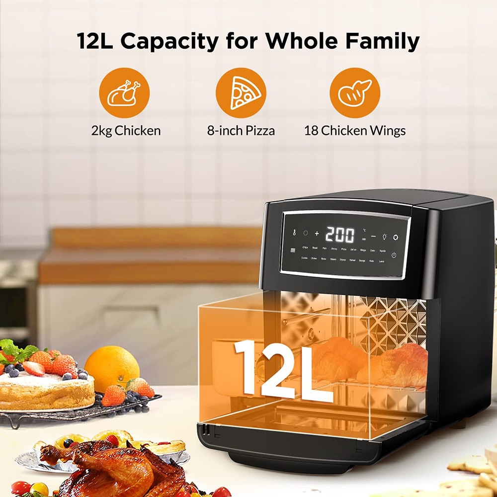 Calmdo AF-120CDEU 18 in 1 Air Fryer Toaster Oven Oil Free 1500W 12L/12.7QT Stainless Steel 360 Degree Air Circulation 18 Preset Functions Touch Control 10 Grill Accessories for Bake & Broil - Black