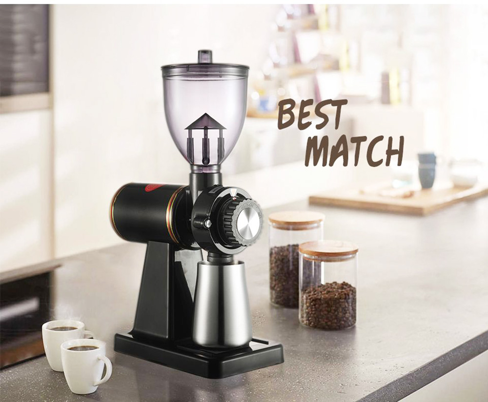 HiBREW 600N 180W Electric Coffee Bean Grinder with Coffee Powder Tamper, 8 Settings Adjustable Knob, Visible Bean Hopper